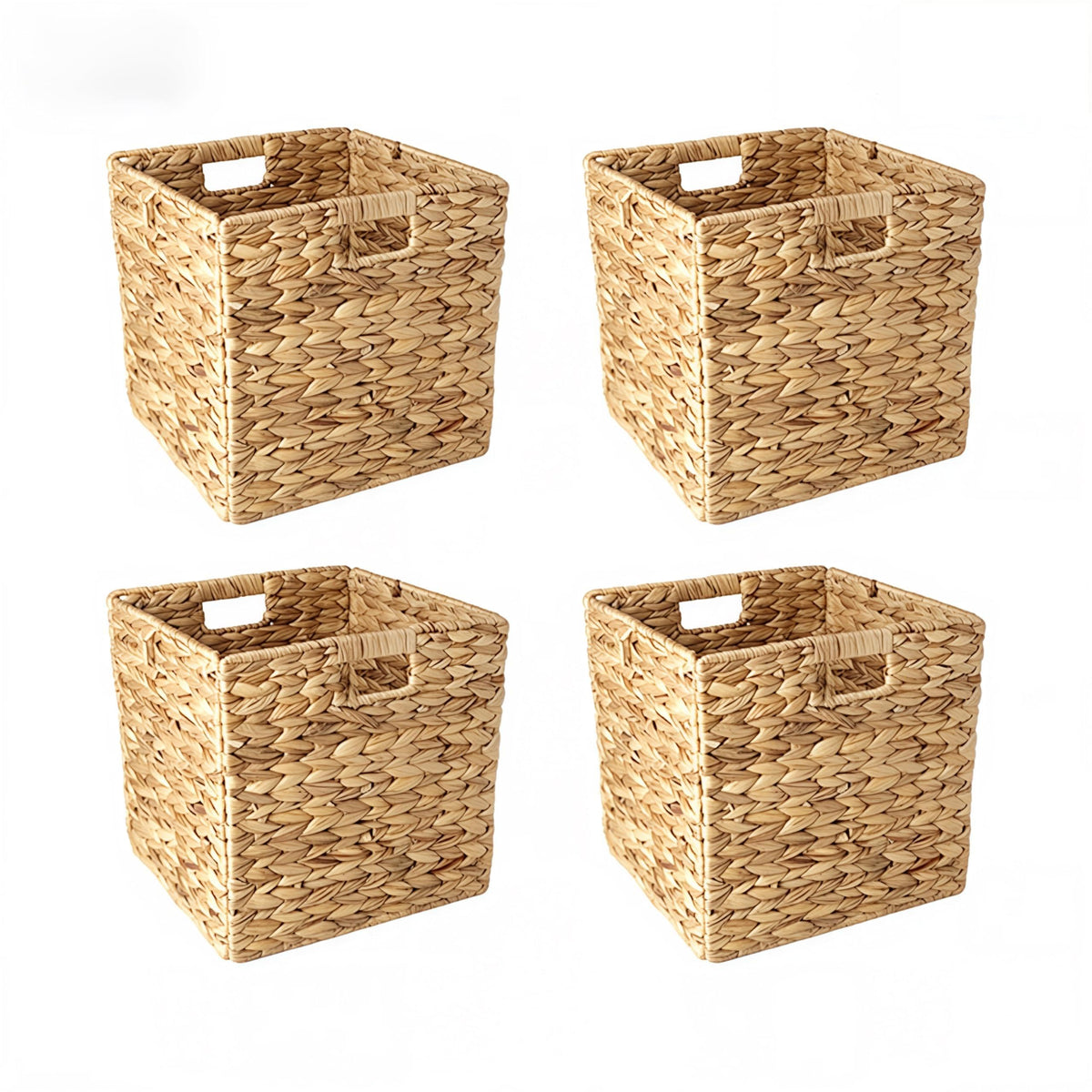12x12in Storage Baskets,Set of 4 Water Hyacinth Baskets,Wicker Cube Baskets Laundry Organizer,Foldable Handwoven Storage Cubes,f