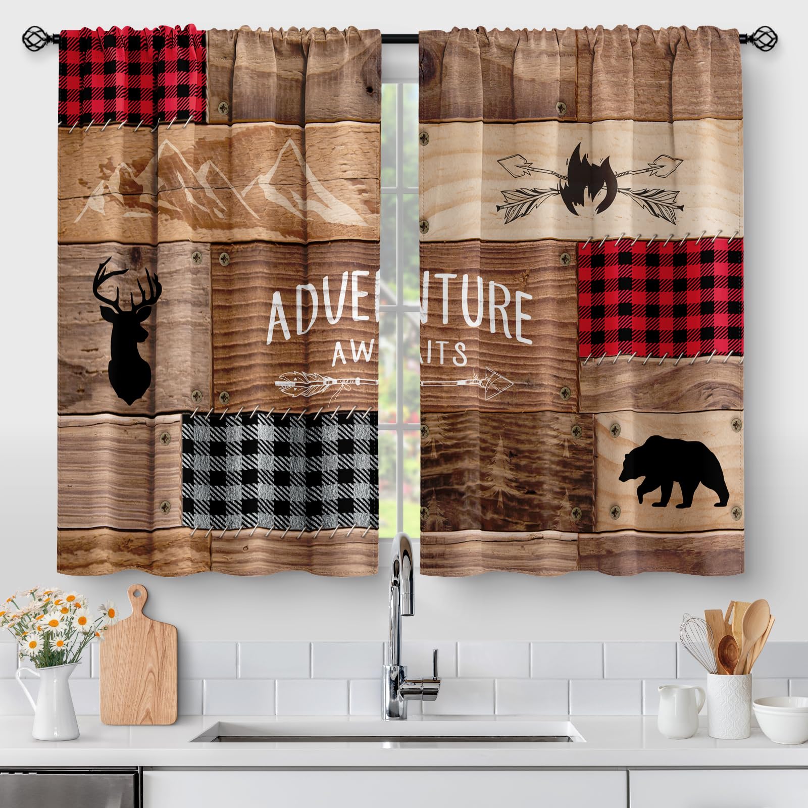 Aimego Rustic Wooden Kitchen Curtains - Farmhouse Cabin Bear Deer Country Retro Small Short Cafe Curtains Buffalo Plaid Tier Cur