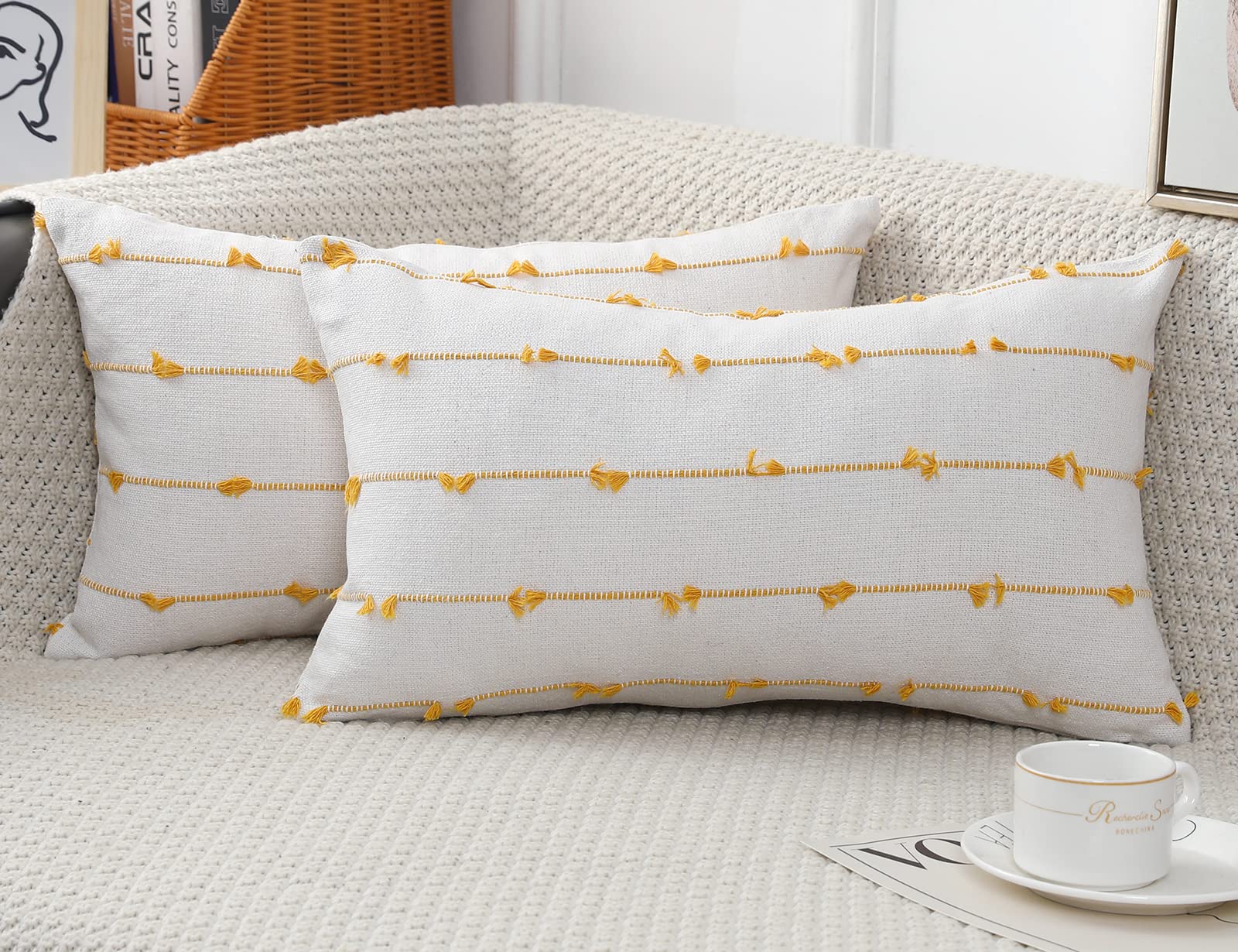 Nuyecy Set Of 2 Boho Lumbar Throw Pillow Covers 12X20,Beige Yellow Neutral Couch Pillow Case With Tassel Fringe Decorative,Moder