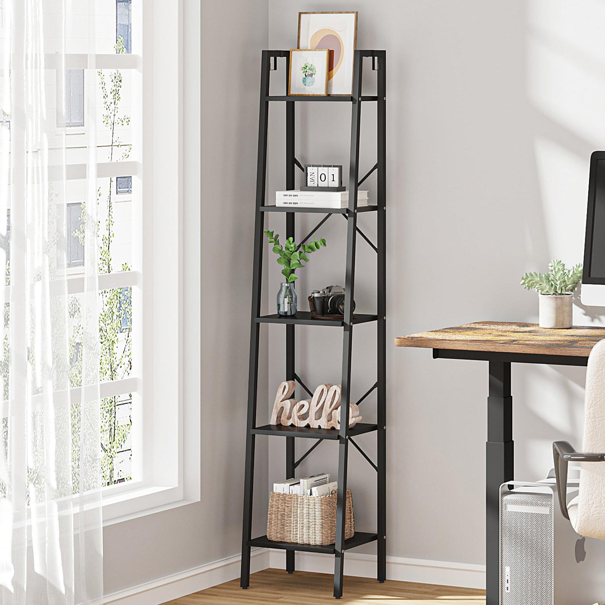 Hzuaneri Ladder Shelf, Bookshelf Bookcase, Freestanding Corner Storage Shelve With 2 Hooks For Home Office, Living Room, Kitchen, Bedroom, Industrial, 5-Tier Black Bc03204B