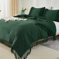 Andency Emerald Dark Green Comforter Set Queen, 3 Pieces Boho Tassel Lightweight Vintage Soft Bedding Comforter Sets, All Season