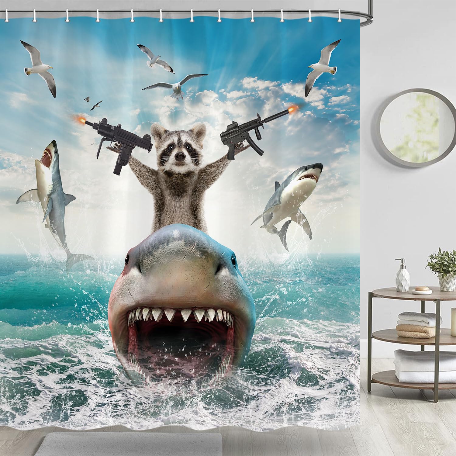 Funny Animal Shower Curtain, Cool Raccoon Riding Shark Theme Ocean Shower Curtain for Bathroom, Fun Nautical Kids Children Fabri