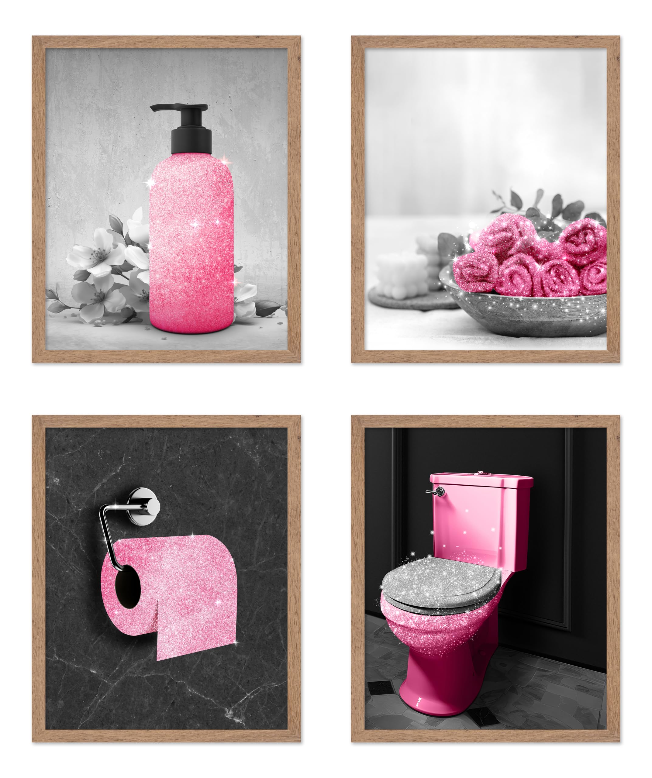 Poster Master 4-Piece Fashion Poster - Hush Print - Black & Pink Glitter Wall Art - Funny Bathroom Decor - Glam Powder Room Deco