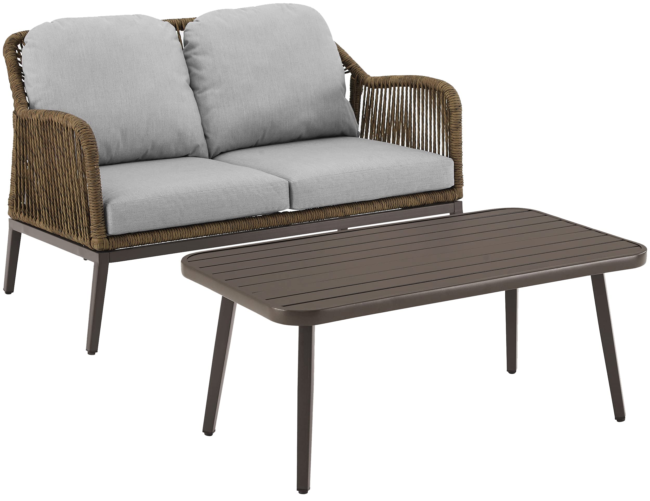 Crosley Furniture Haven 2-Piece Wicker Outdoor Coffee Table and Loveseat Patio Furniture Set for Porch, Light Brown with Light Gray Cushions