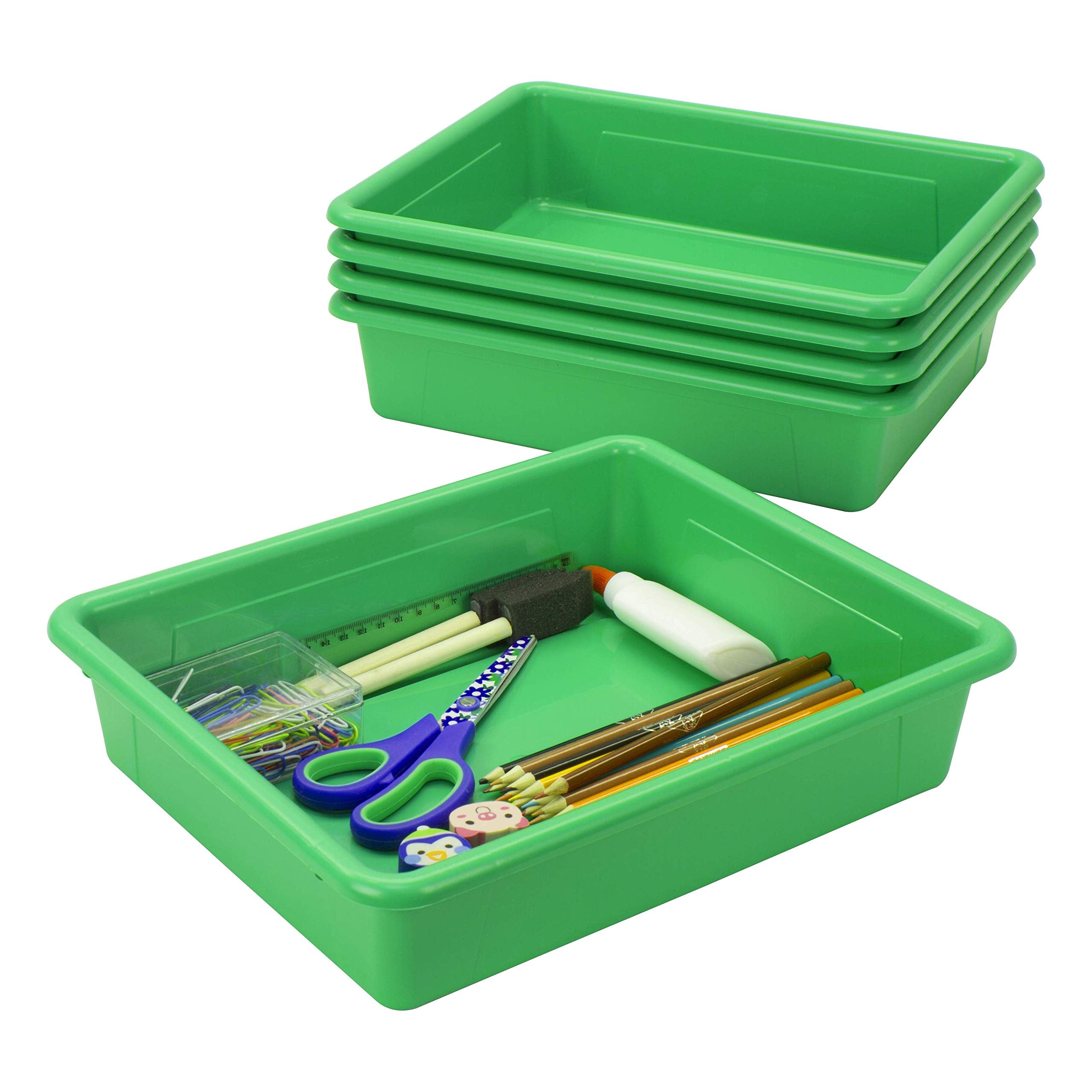 Storex Letter Size Flat Storage Tray - Organizer Bin For Classroom, Office And Home, Green, 5-Pack (62520A05C)