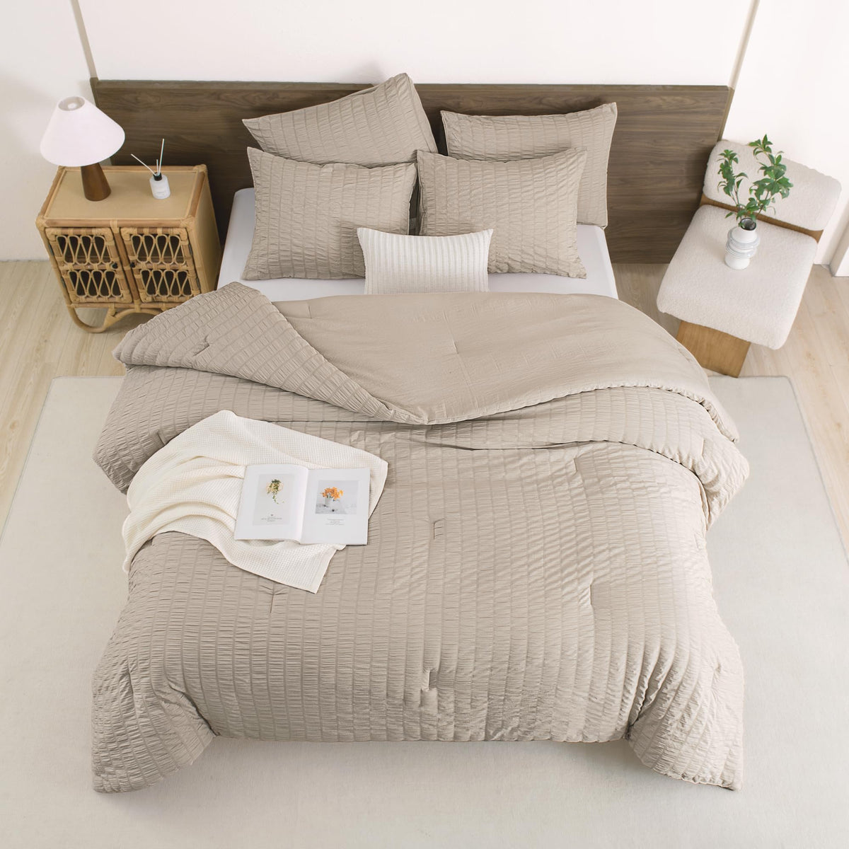 Andency Beige Comforter Full Size (79x90 Inch), 3 Pieces (1 Seersucker Textured Comforter and 2 Pillowcases), 100% Soft Washed M