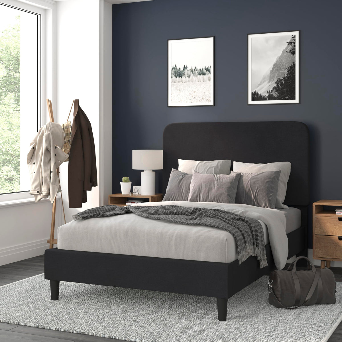 Flash Furniture Addison Platform Bed - Charcoal Fabric Upholstery - Full - Headboard with Rounded Edges - Wood Slat Support - No Box Spring or Foundation Needed