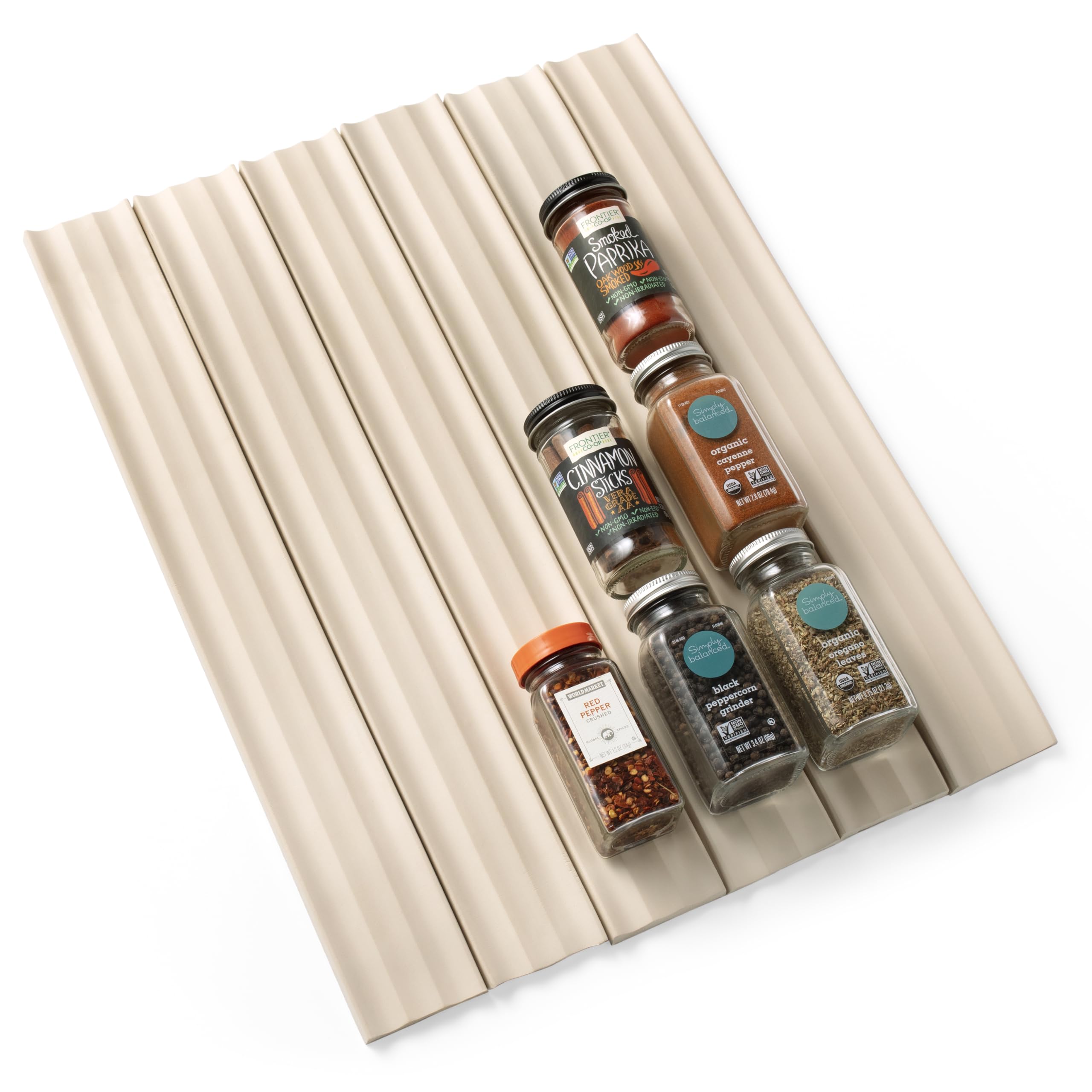 YouCopia SpiceLiner Adjustable Spice Drawer Liner, 10ft Roll, Sandstone, Seasoning and Spices Bottle Organizer Insert