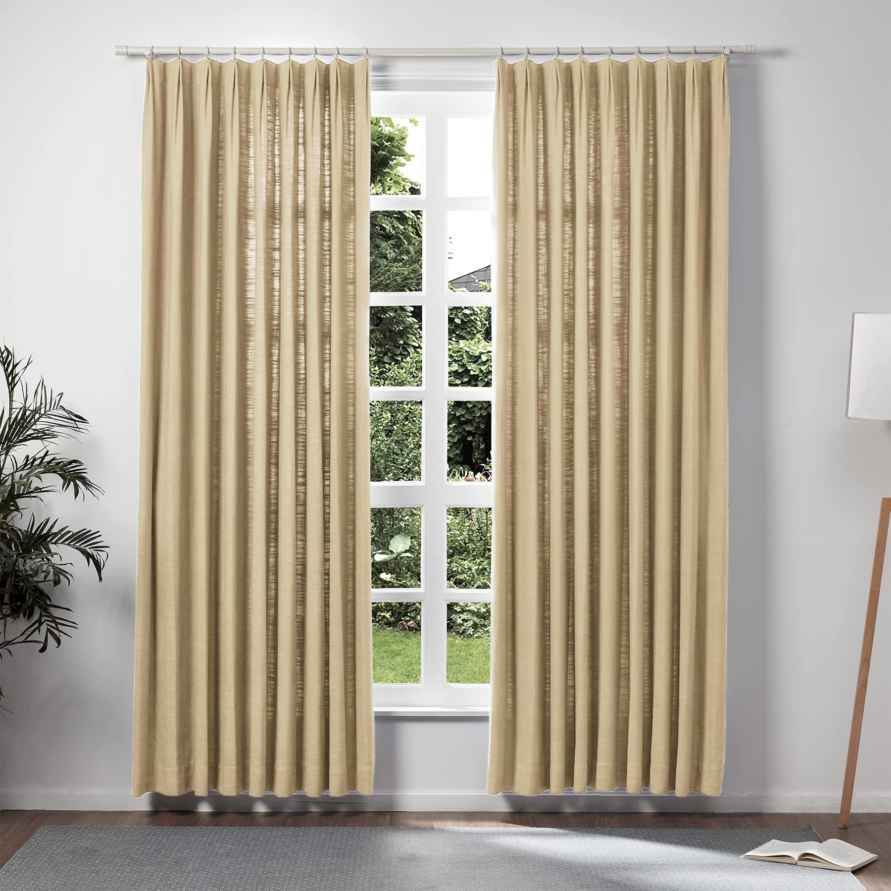 Twopages Khaki Yellow Pinch Pleated Drape Linen Light Filtering Room Darkening Curtain For Bedroom, Double Layer Lined Curtain W
