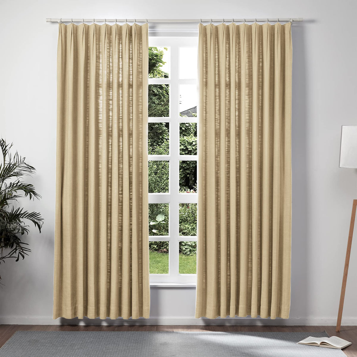 Twopages Extra Wide Khaki Yellow Linen Pinch Pleat Drape For Living Room, Window Treatment Curtain Panel Double Layer Room Darke