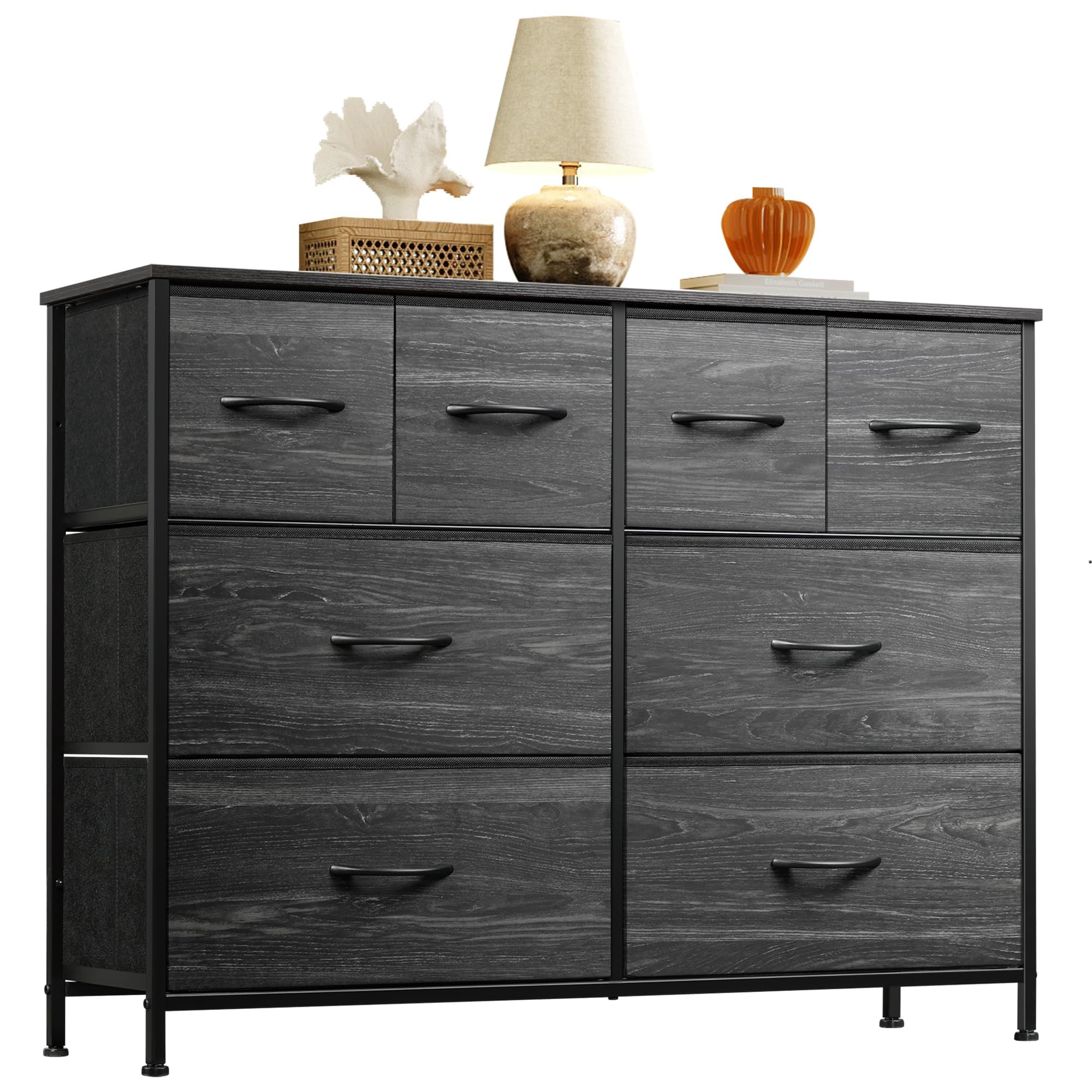 Wlive Dresser For Bedroom With 8 Drawers, Wide Fabric Dresser For Storage And Organization, Bedroom Dresser, Chest Of Drawers For Living Room, Closet, Hallway, Charcoal Black Wood Grain Print