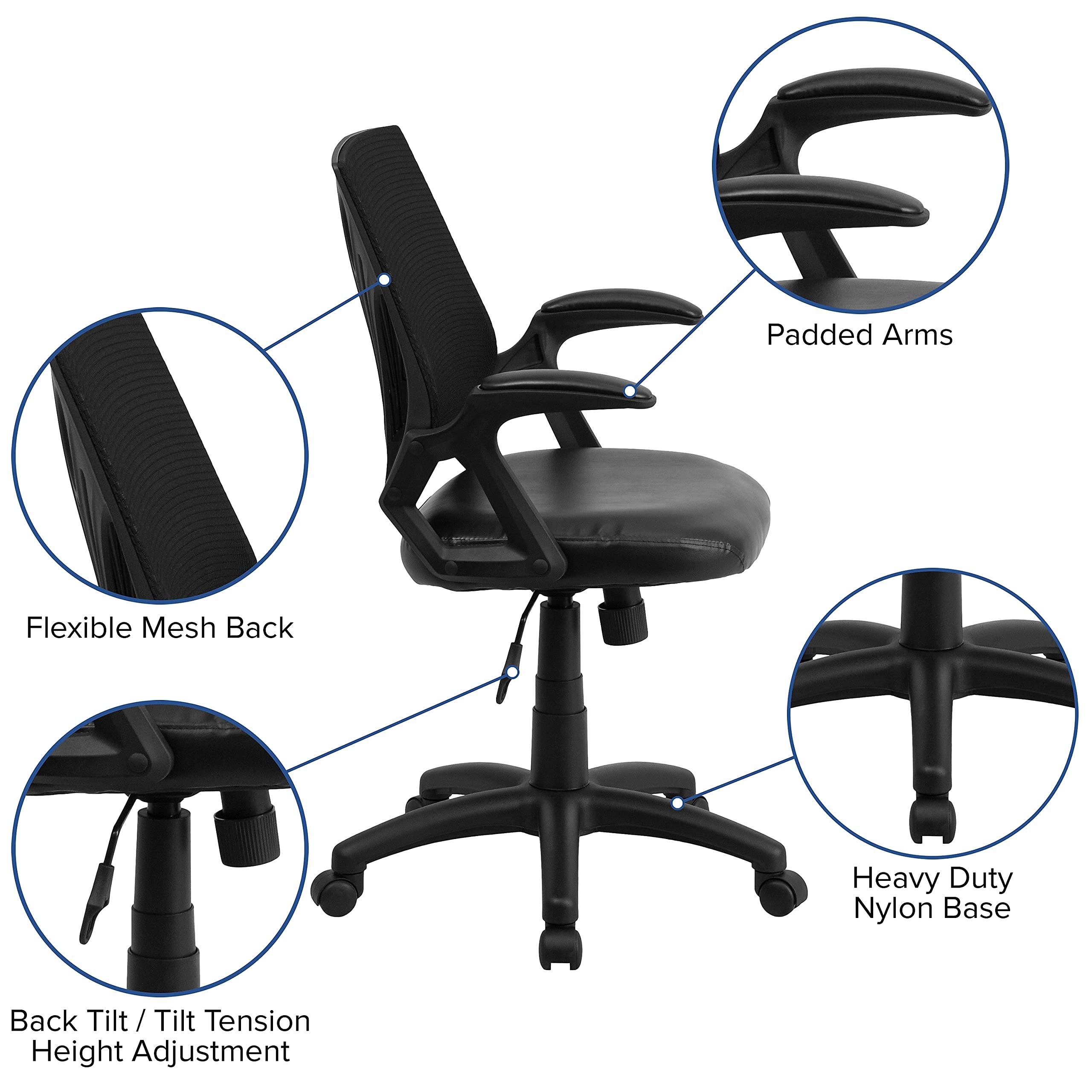Flash Furniture Sam Mid-Back Designer Black Mesh Swivel Task Office Chair With Leathersoft Seat And Open Arms