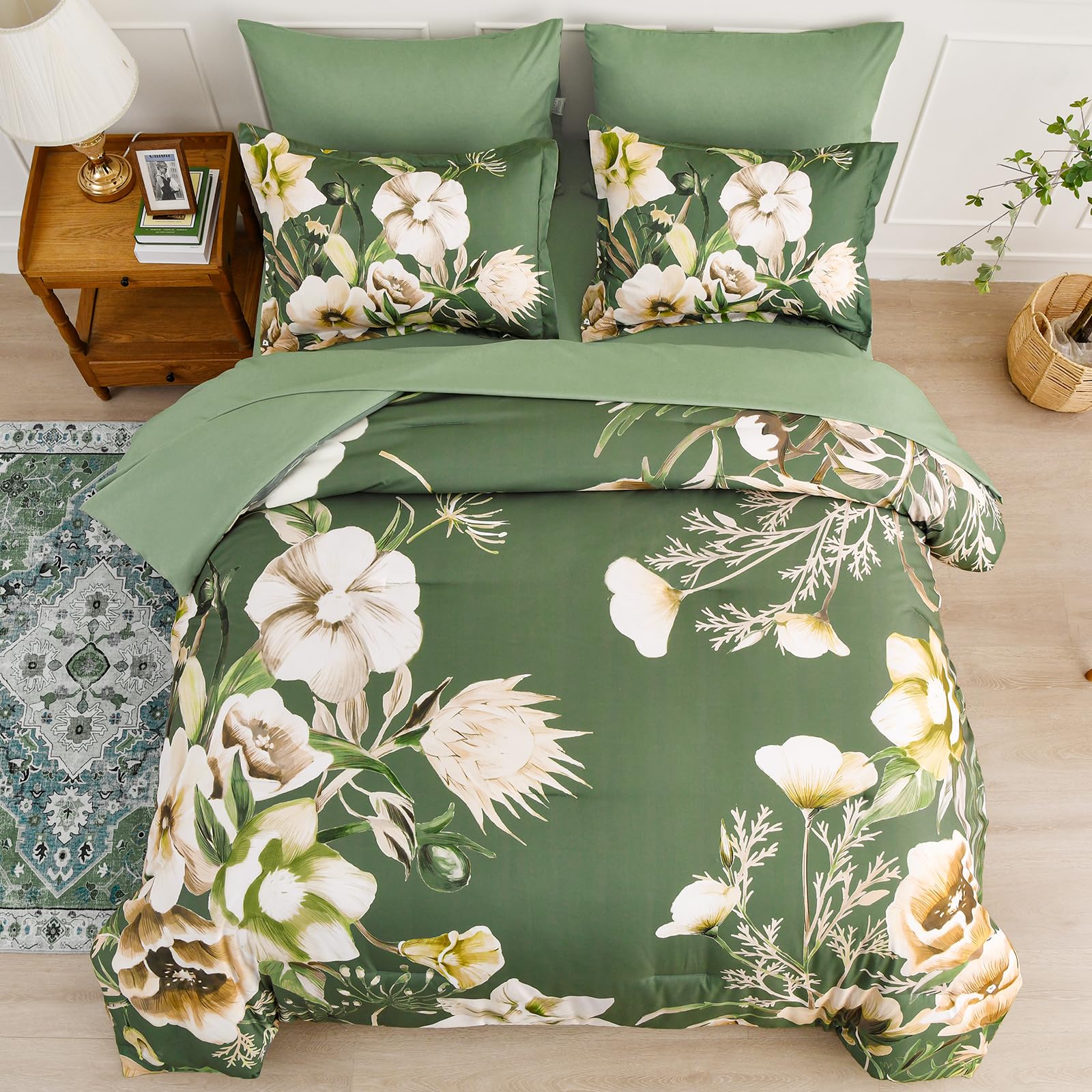 Luxudecor Floral Comforter Set King Size 7 Piece, Olive Green Flower Bed In A Bag, Elegant Comforter Bedding Set For All Season