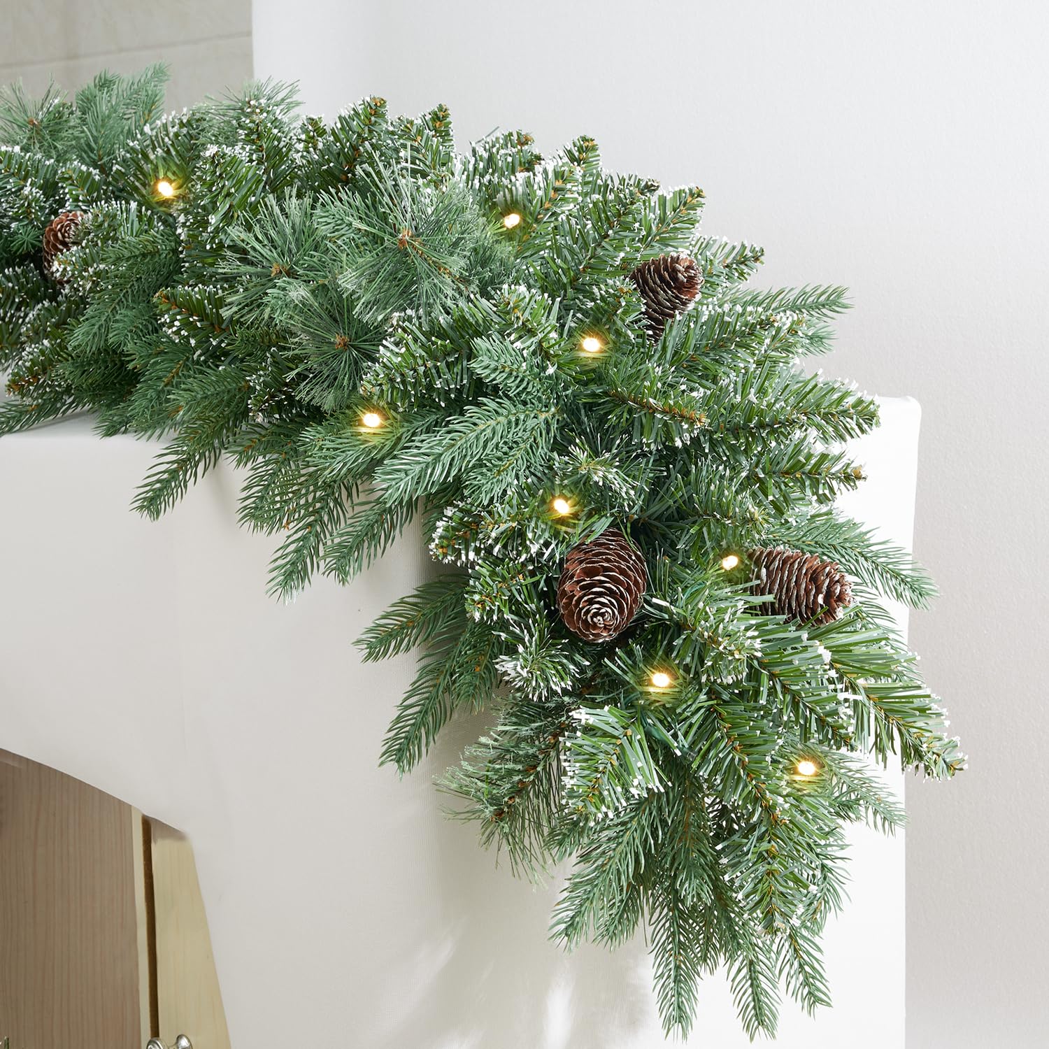 9FT Prelit Christmas Garland Decorations 50 White Light, Snow Xmas Garland with Lights, Pulg in, for Outdoor Indoor, Home Decora