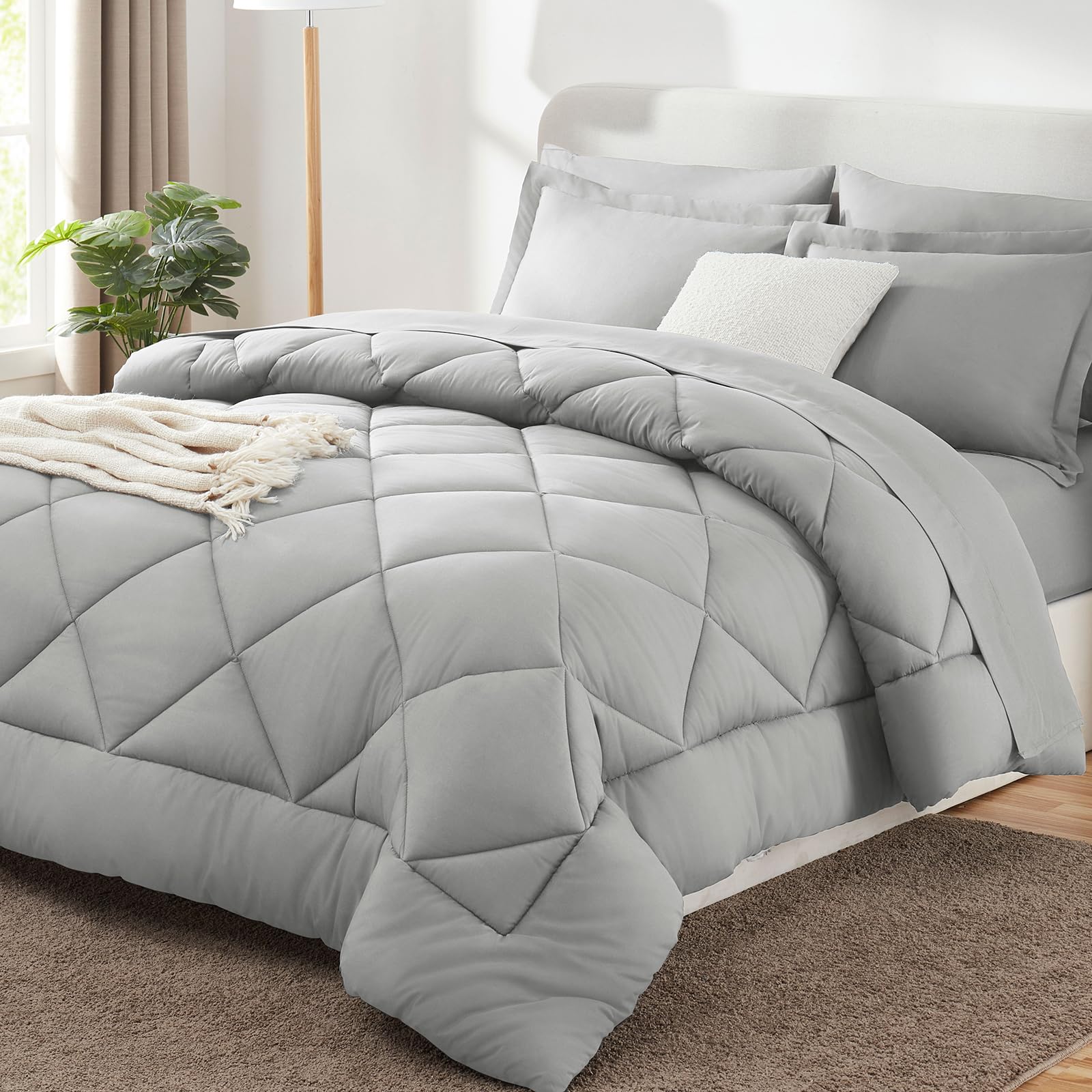 Cozylux Full Comforter Set With Sheets 7 Pieces Bed In A Bag Light Grey All Season Bedding Sets With Comforter, Pillow Shams, Fl