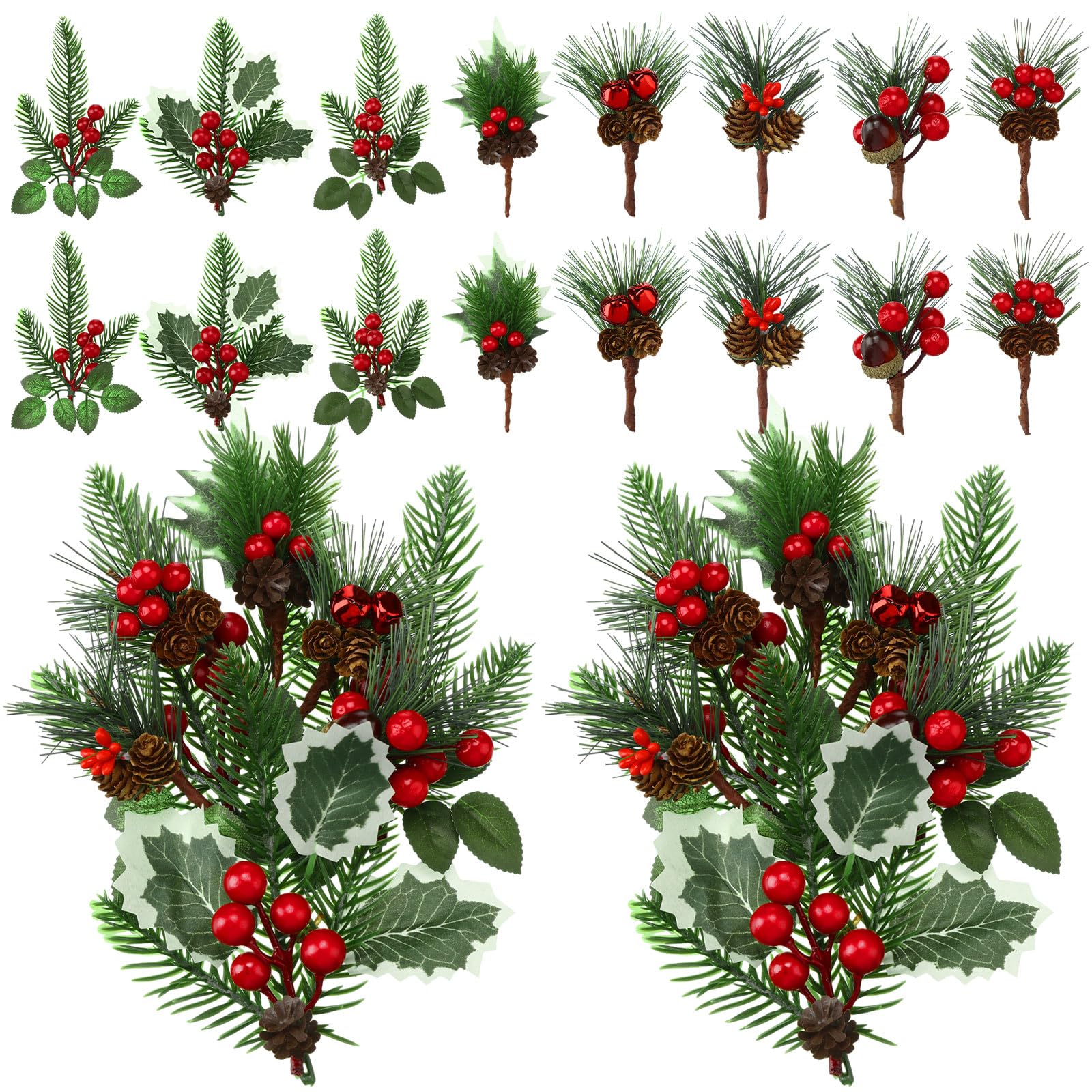 Red Berry Stems Pine Branches Artificial Christmas Picks Floral Pine Cones Faux Stems Spray Christmas Tree Picks Artificial Pine