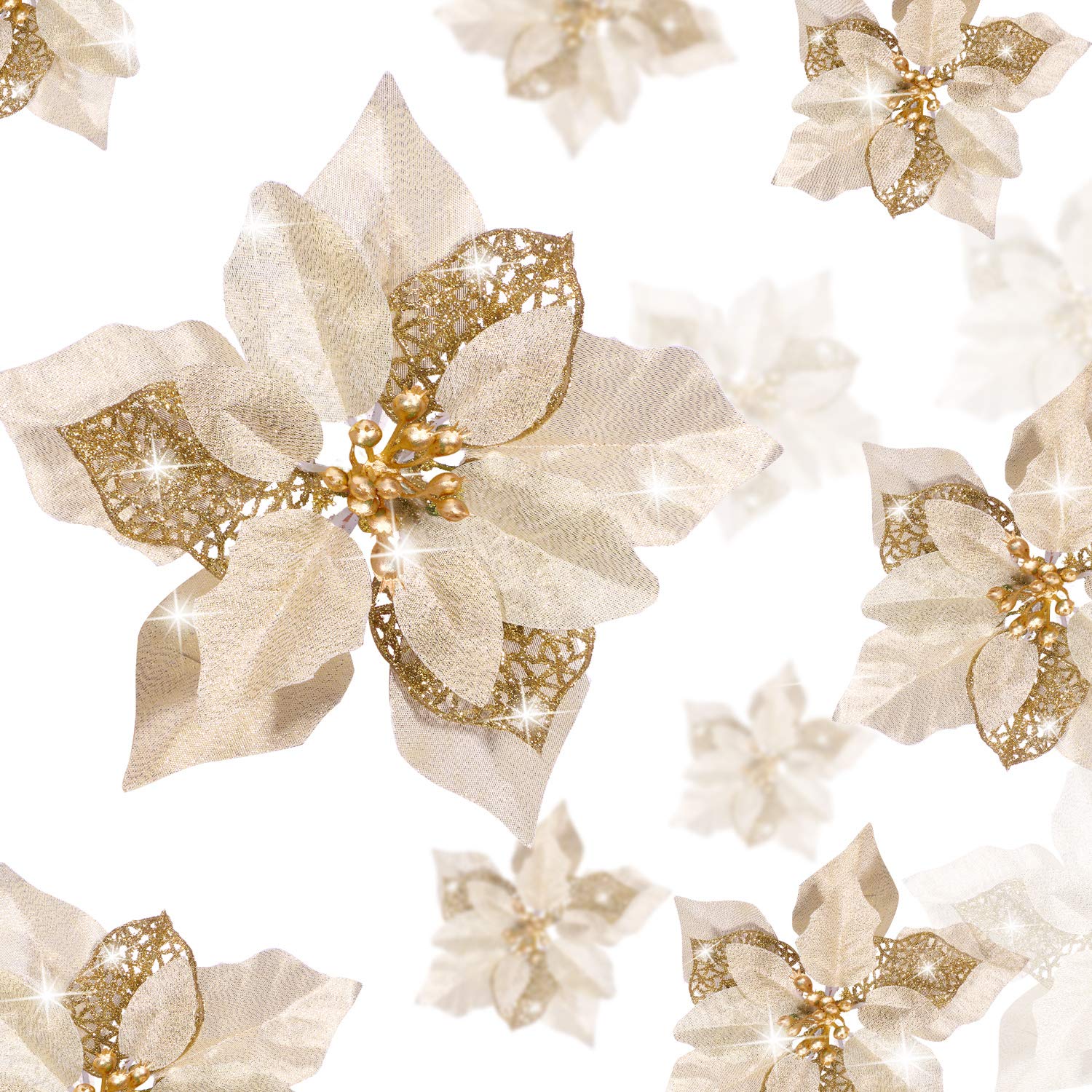Boao 24 Pieces Christmas Artificial Glitter Poinsettia Flowers Xmas Flowers Wedding Christmas Tree New Year Ornaments(Gold)