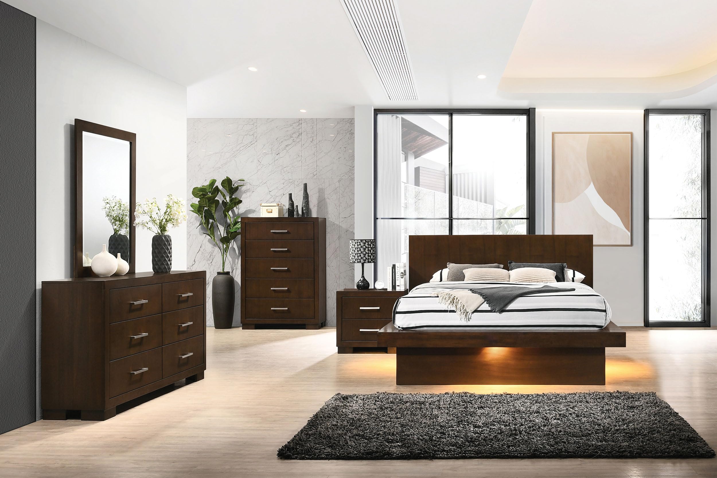 Coaster Home Furnishings Jessica Contemporary 5-Piece Bedroom Set Queen Size LED Panel Bed Frame 43-inch Headboard Cappuccino 200711Q-S5
