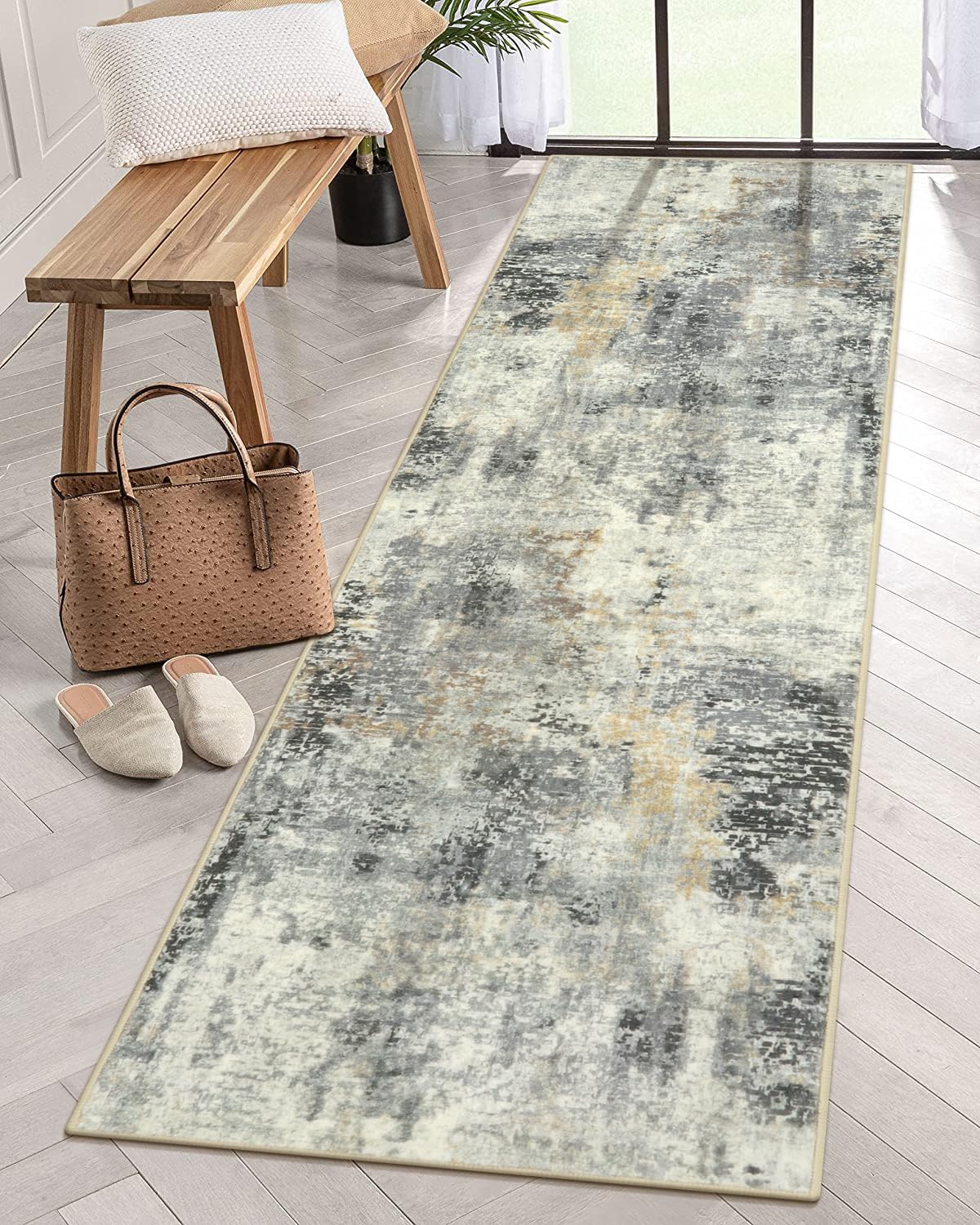Lahome Modern Abstract Runner Rug - 2x8 Grey Hallway Runner Rug Long Bathroom Runner Rugs with Rubber Backing, Kitchen Carpet Ru