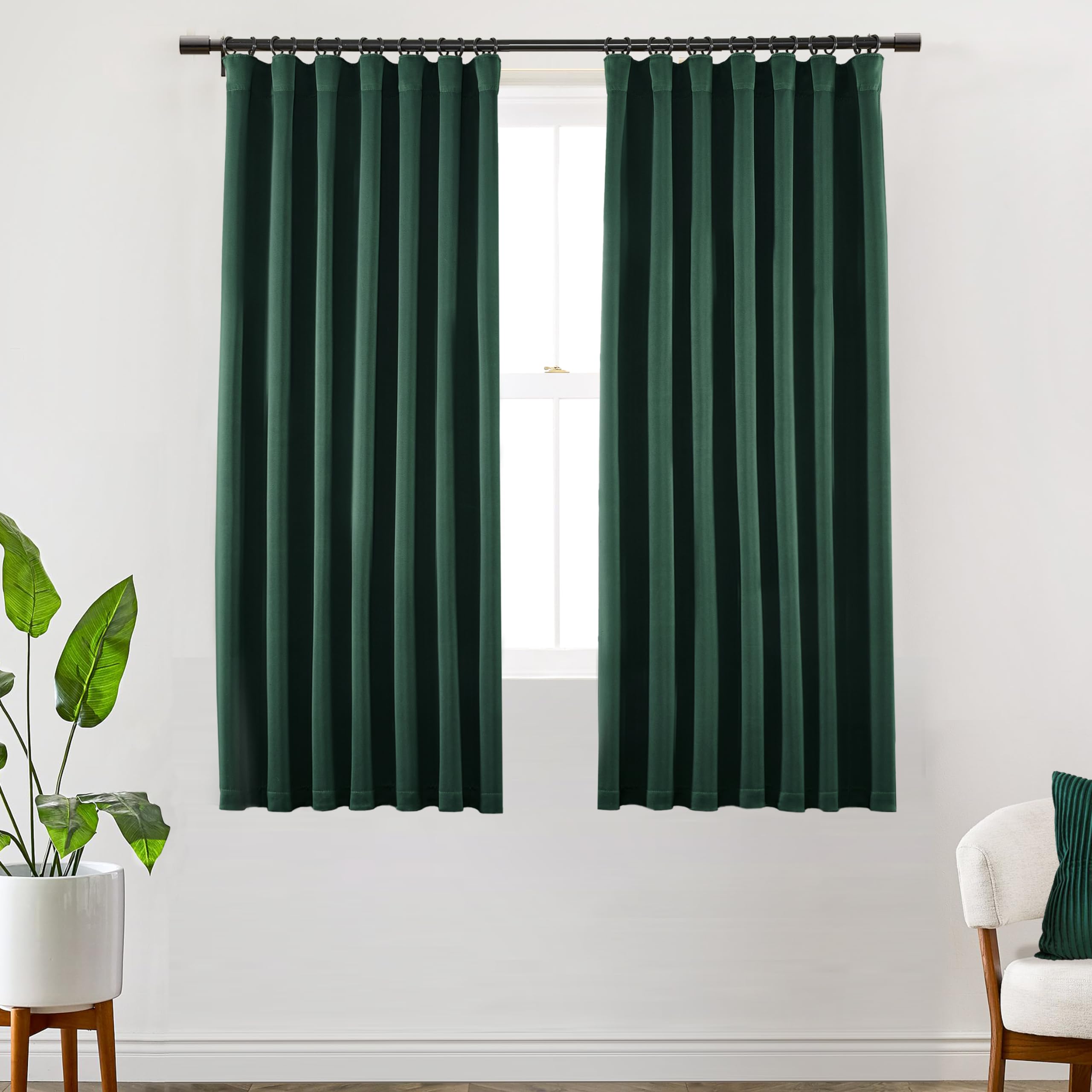 Shineland Dark Green Curtains 63 Inch Length For Living Room,2 Panels Set Back Tab Pleated Room Darkening Thermal Blackout Curta