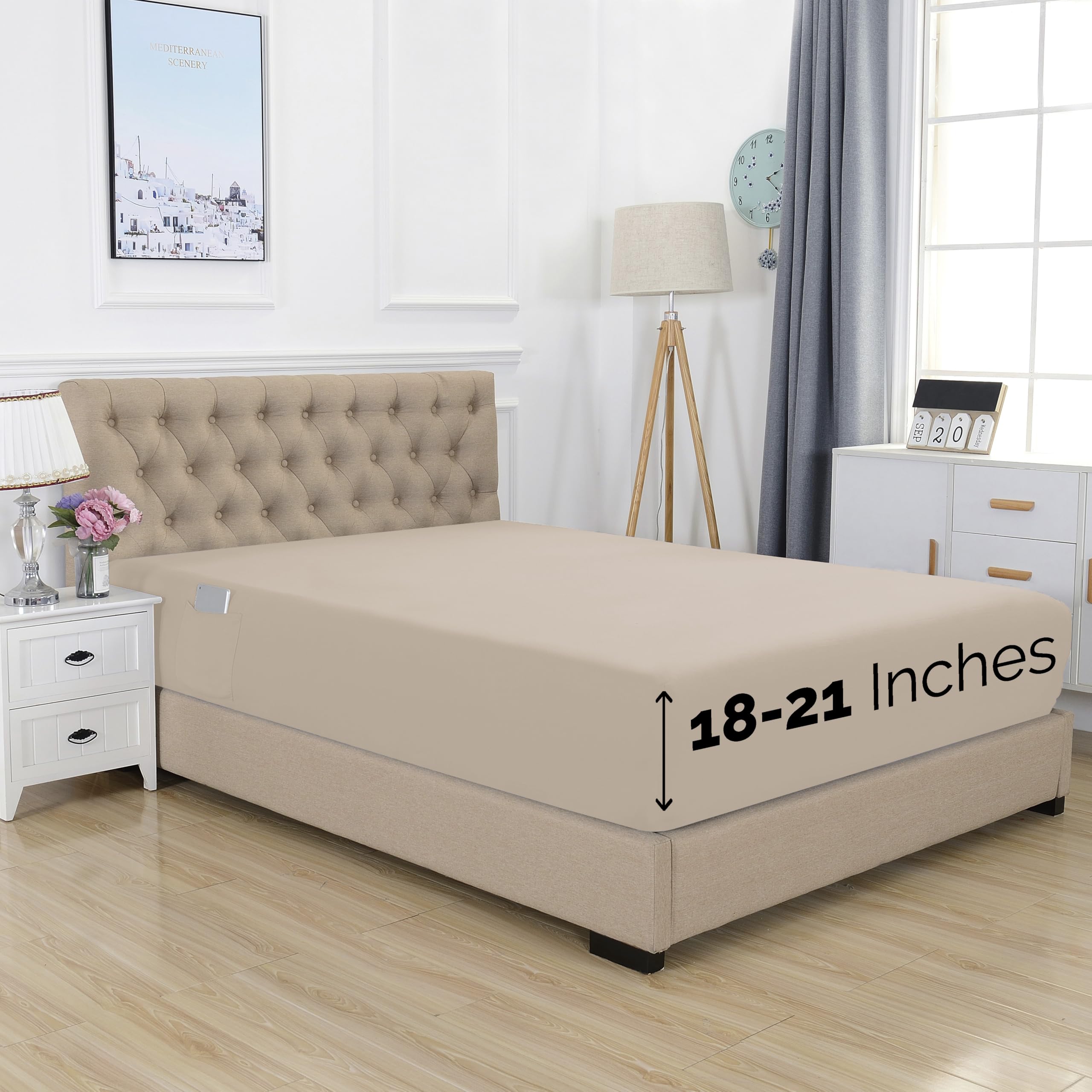 Elegant Comfort 1500 Premium Hotel Quality 18-21 Inches Deep - Extra Deep Pocket Single Fitted Sheet For High Mattress, Luxury And Softest, Smart Pocket - Wrinkle Free, Queen, Cream