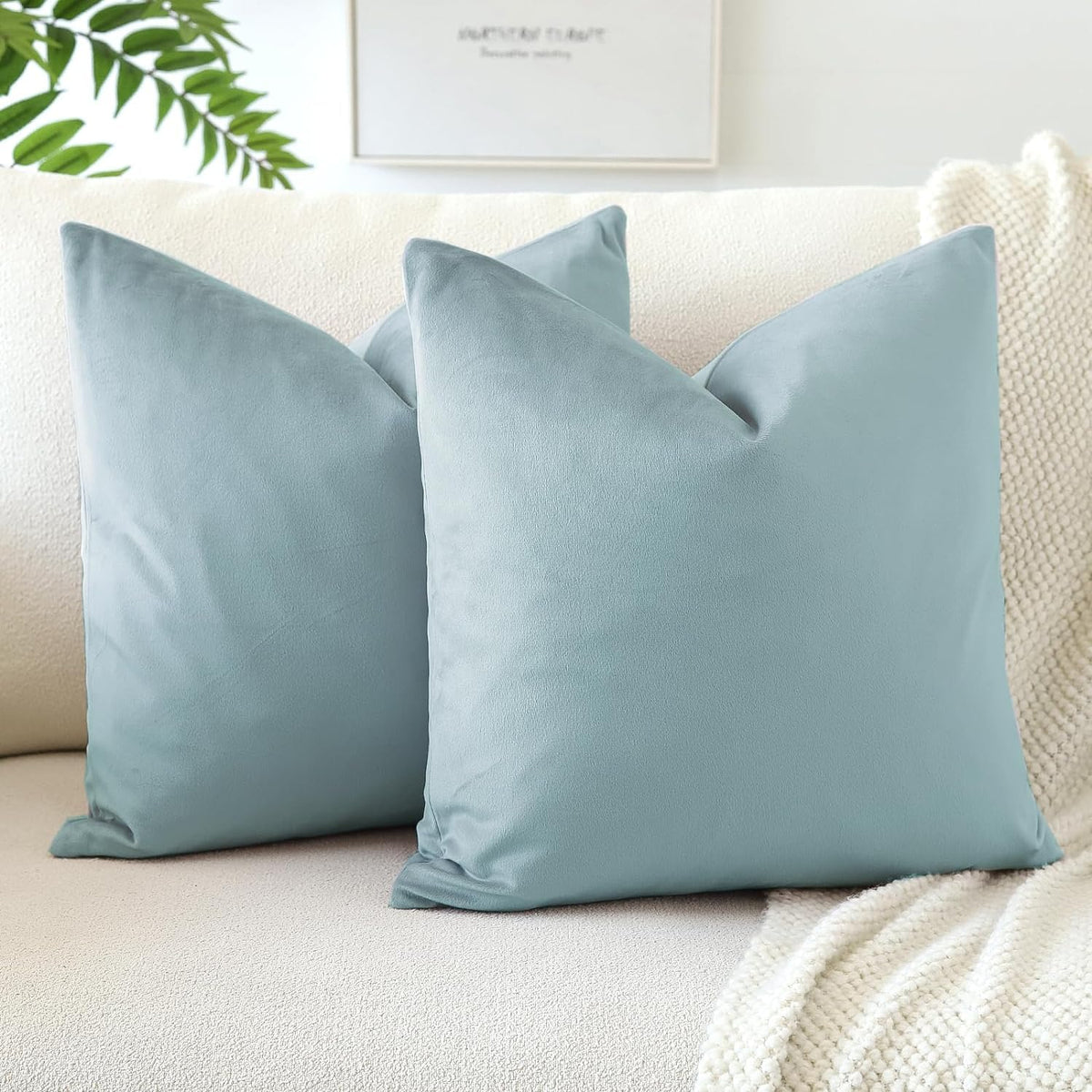 Otostar Decorative Throw Pillow Covers 16 X 16 Inch Soft Velvet Cushion Covers Solid Square Throw Pillow Cases For Couch Bed Home Sofa Car Decor Set Of 2 (Light Blue)