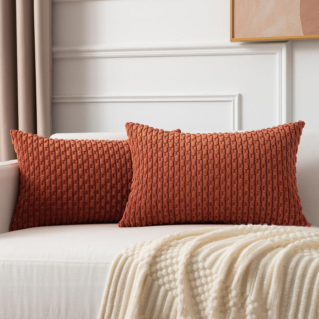 Kevin Textile Pack Of 2 Corduroy Decorative Throw Pillow Covers 12X20 Inch Soft Boho Striped Pillow Covers Modern Farmhouse Home Decor For Spring Sofa Living Room Couch Bed Rust