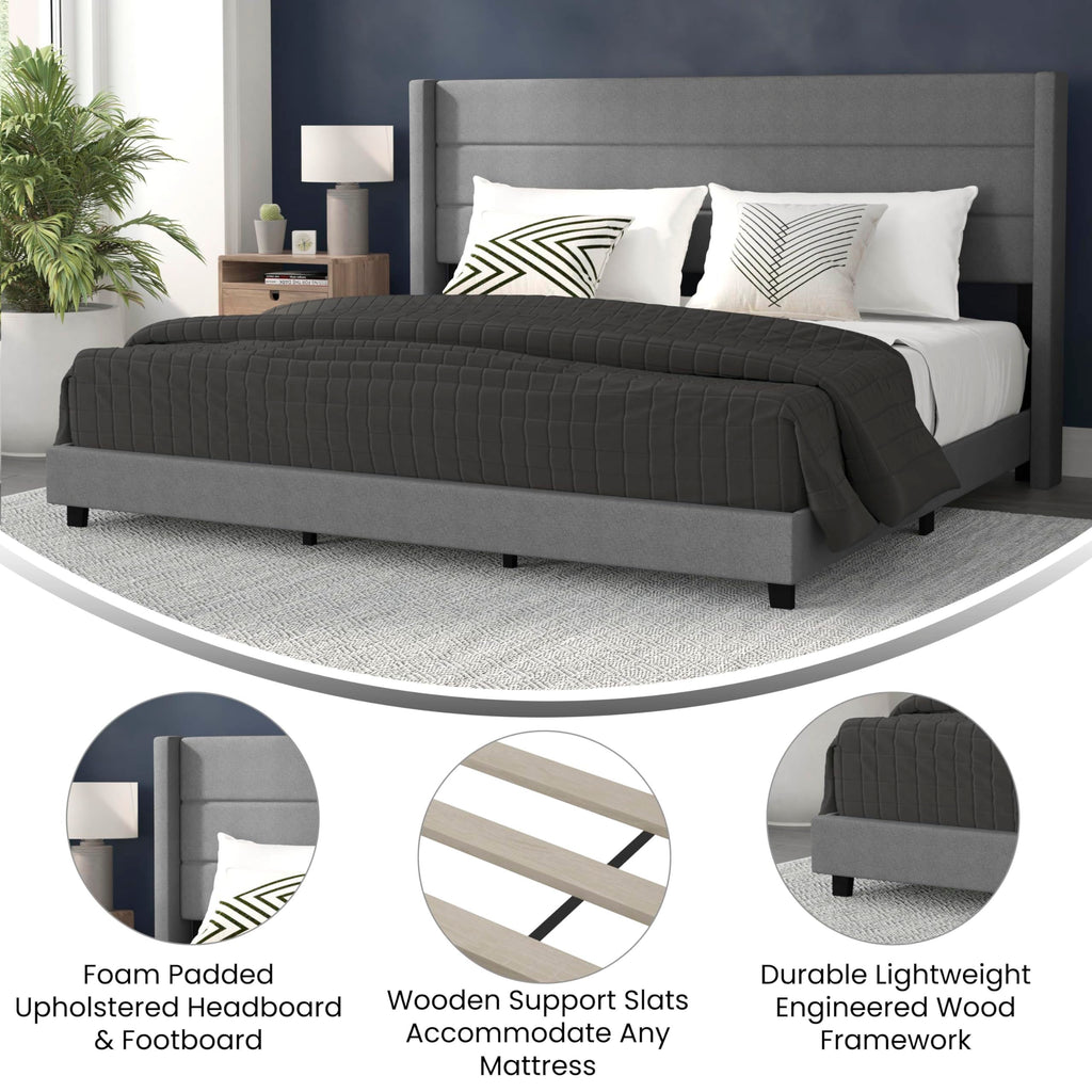Flash Furniture Hollis Upholstered Platform Bed - Gray Faux Linen Wingback Headboard - King - Mattress Foundation with Slatted Supports - No Box Spring Needed
