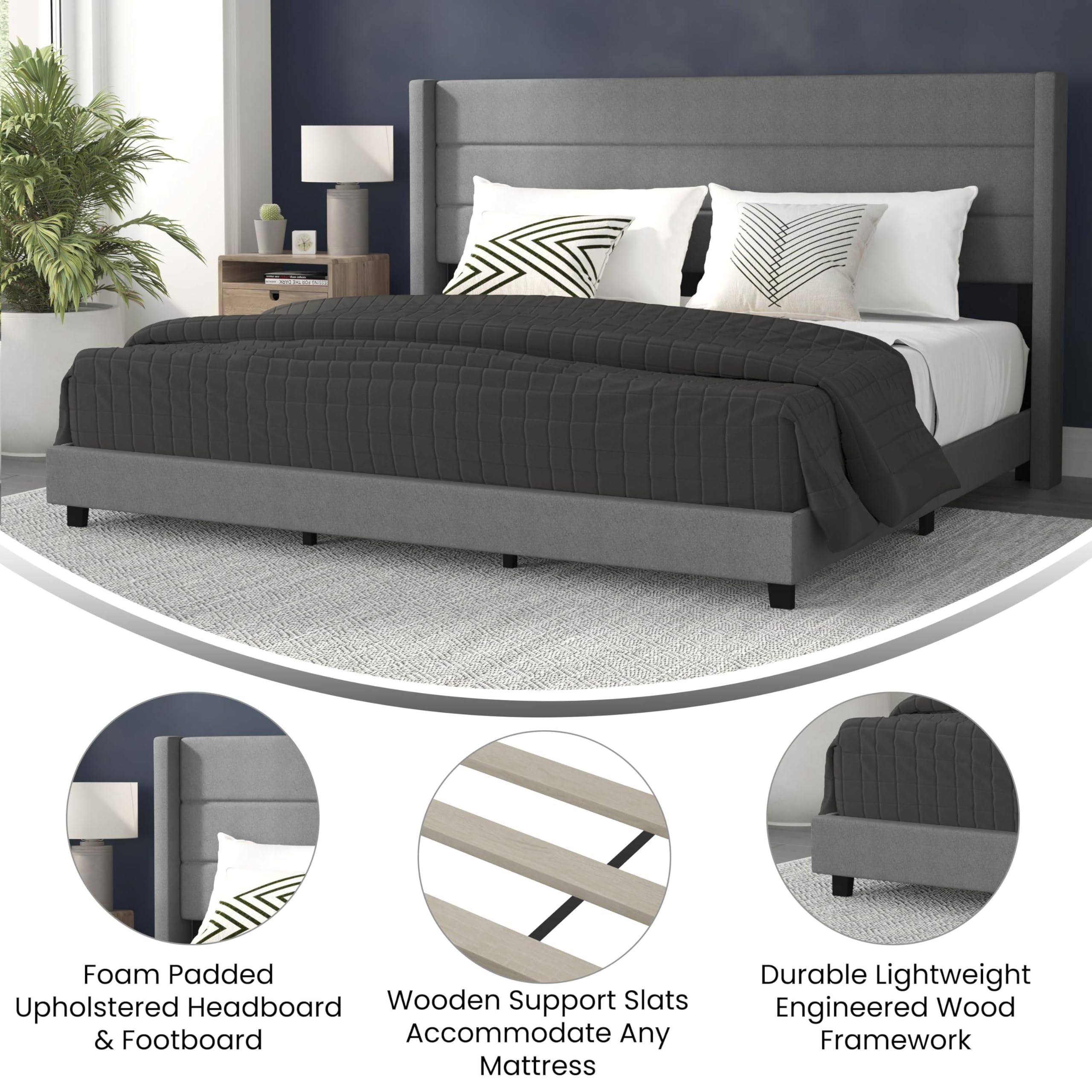 Flash Furniture Hollis Upholstered Platform Bed - Gray Faux Linen Wingback Headboard - King - Mattress Foundation with Slatted Supports - No Box Spring Needed