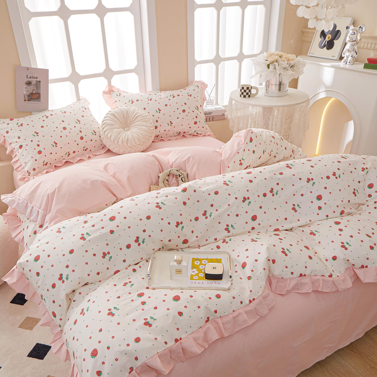 Kawaii Pink Strawberry Duvet Cover Twin Cotton Girls Lace Duvet Cover Cute Ruffle Strawberry Bedding Set Kawaii Strawberry Ruffl