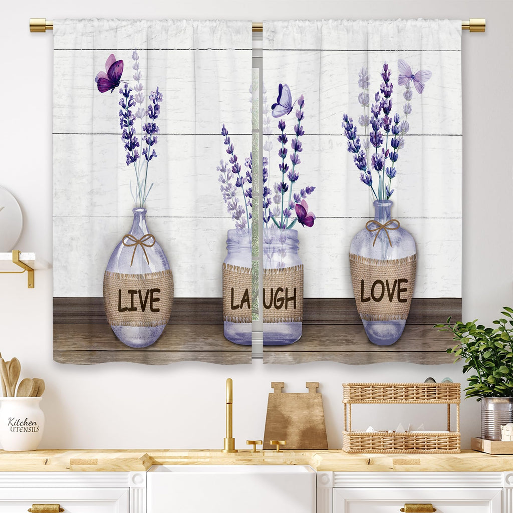 Laifzere Farmhouse Purple Lavender Kitchen Curtains Bottle Rustic Country Flower Small Short Cafe Window Curtains Floral Plank R