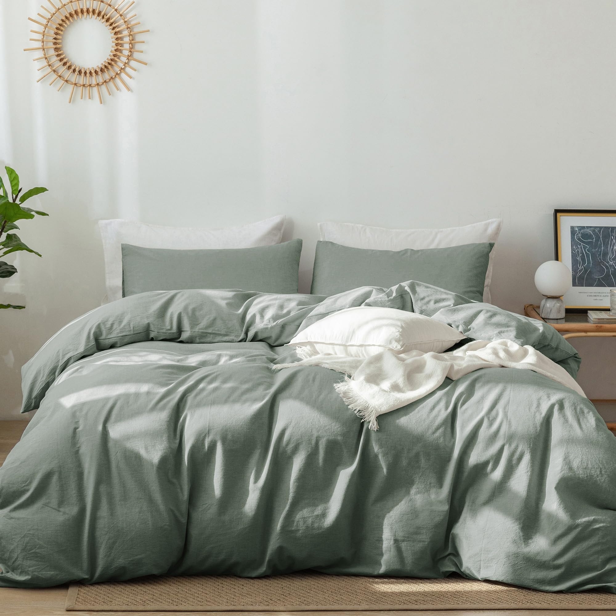 Moomee Bedding Duvet Cover Set 100% Washed Cotton Linen Like Textured Breathable Durable Soft Comfy (Heathered Green, Queen)