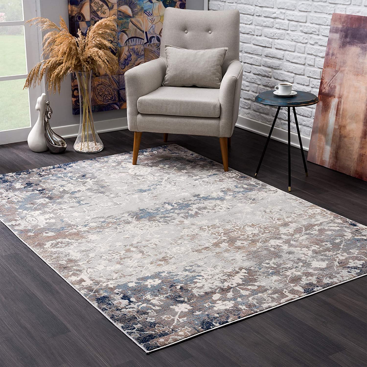 HomeRoots 100% Polypropylene 2’ x 6’ Navy and Beige Distressed Vines Area Rug