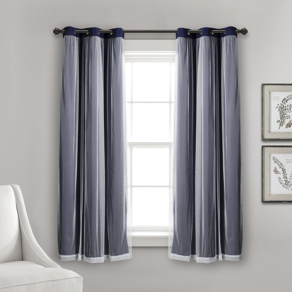 Lush Decor Sheer Grommet Curtains With Insulated Blackout Lining, Window Curtain Panels, Pair, 38''W X 63''L, Navy - Curtain Wit