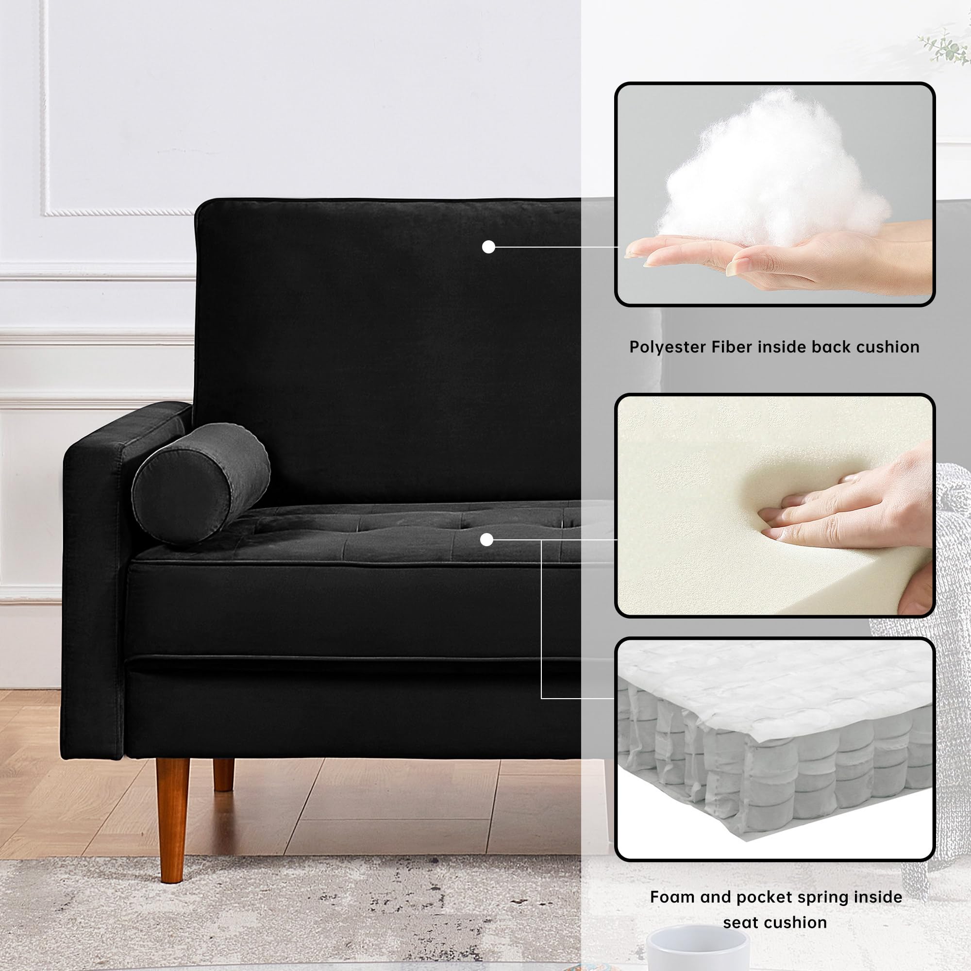 American Furniture Classics Black 69 Inch Wide Upholstered Two Cushion Sofa with Bolster Pillows Velvet, 69" x 32" x 37"