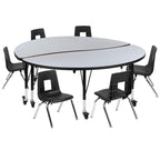 Flash Furniture Emmy Mobile 60" Circle Wave Flexible Laminate Activity Table Set with 12" Student Stack Chairs, Grey/Black
