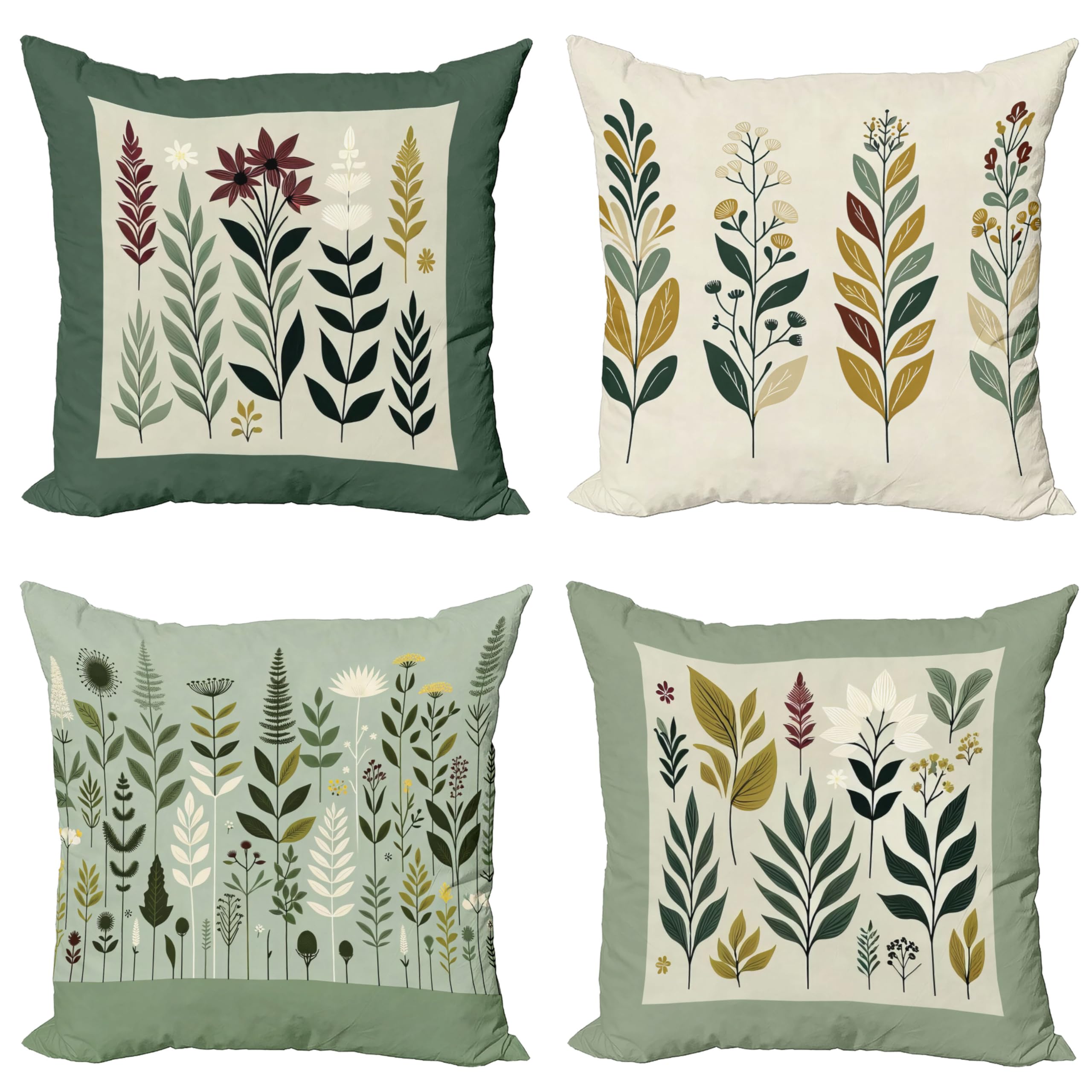 Ambesonne Botanical Throw Pillow Cushion Cover Set Of 4, Pleasant Nature Romantic Calm Blossoms Leafy Branches Flourishing, Deco
