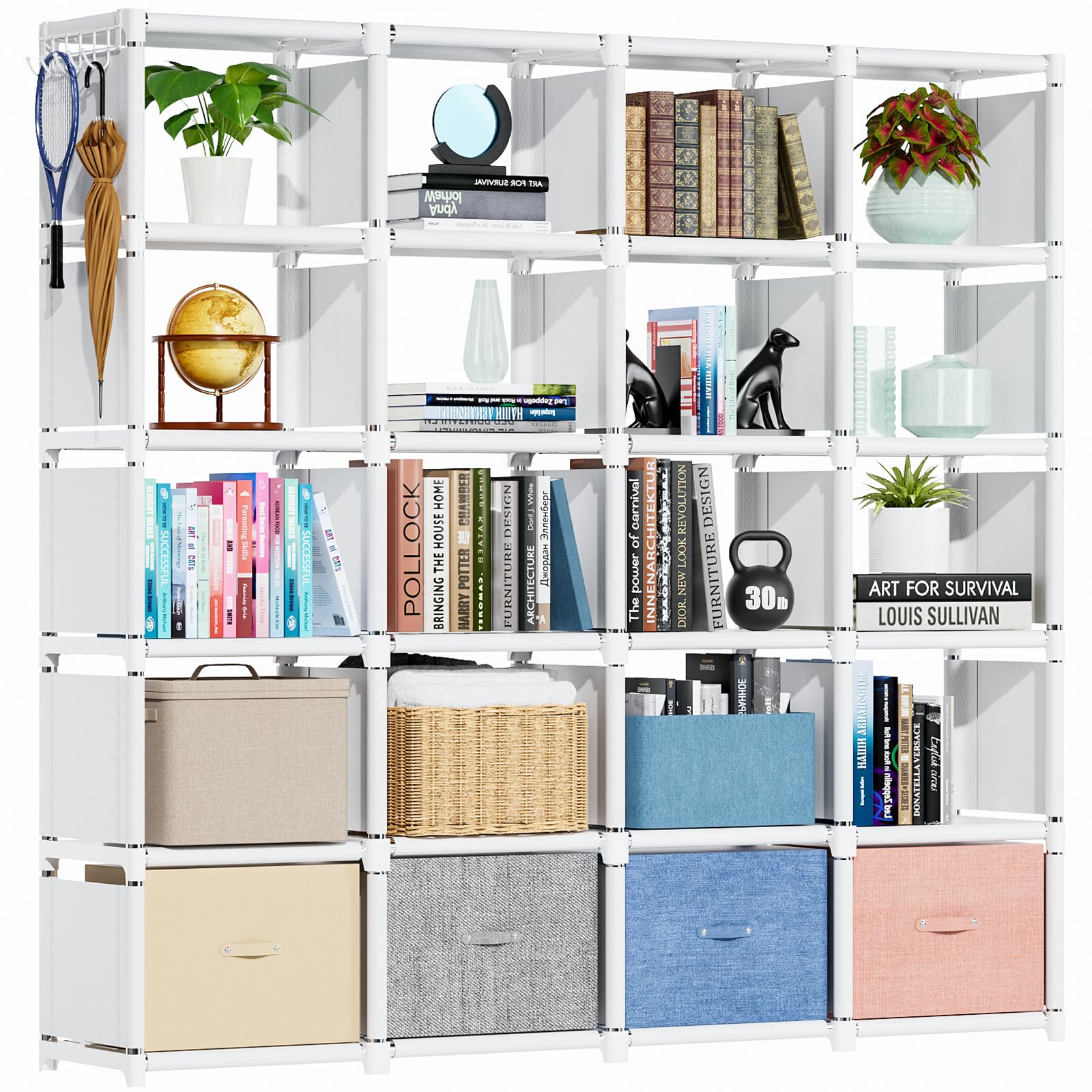 Mavivegue Book Shelf, 20 Cube Storage Organizer, Diy Bookcase, Metal Cube Bookshelf, Tall Book Case For Bedroom, Living Room, Office, Closet Storage Organizer, Black Cubicle Storage Rack-White