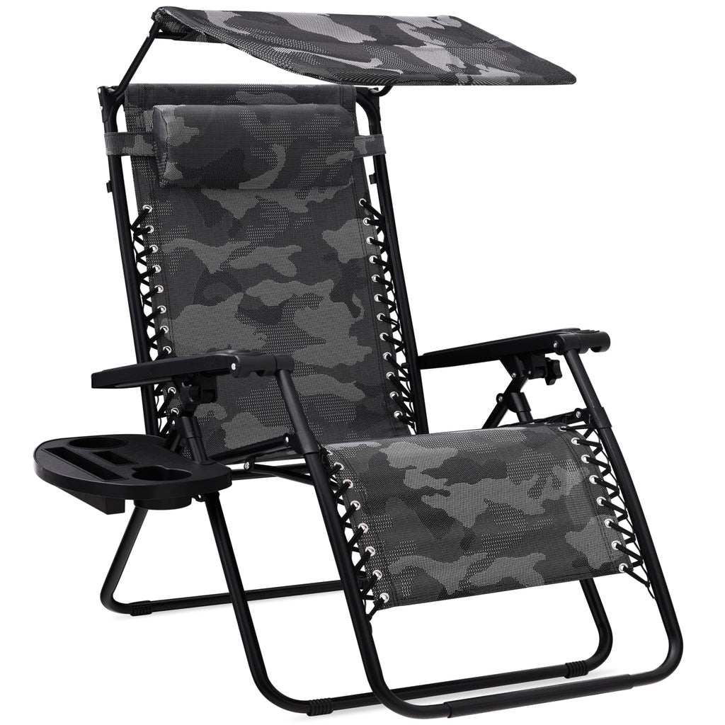 Best Choice Products Folding Zero Gravity Outdoor Recliner Patio Lounge Chair W/Adjustable Canopy Shade, Headrest, Side Accessory Tray, Textilene Mesh - Camouflage
