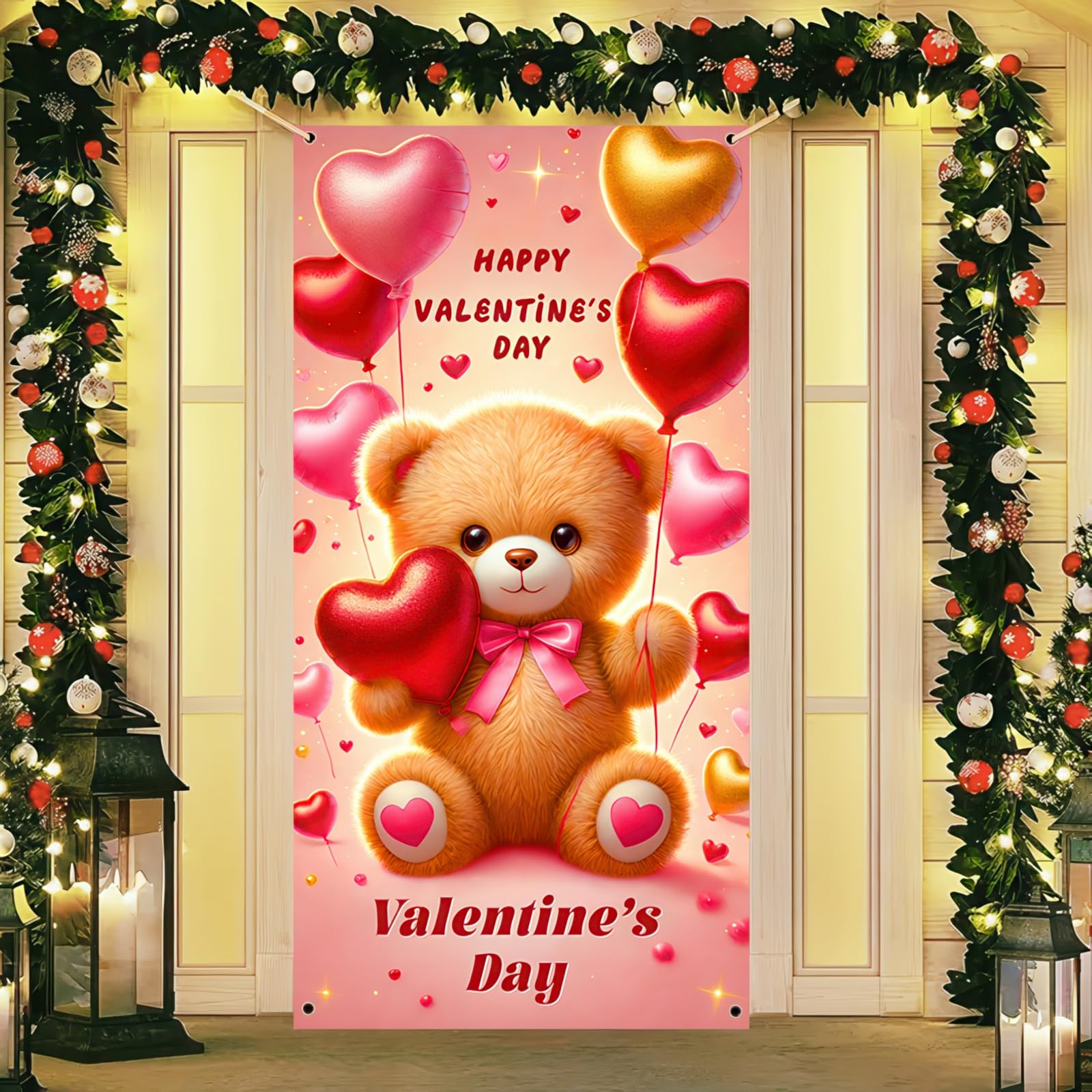 BlissYard Valentines Day Door Banner 70x35 Adorable Teddy Bear Backdrop Heart Balloons Photo Background for Romantic Party Even