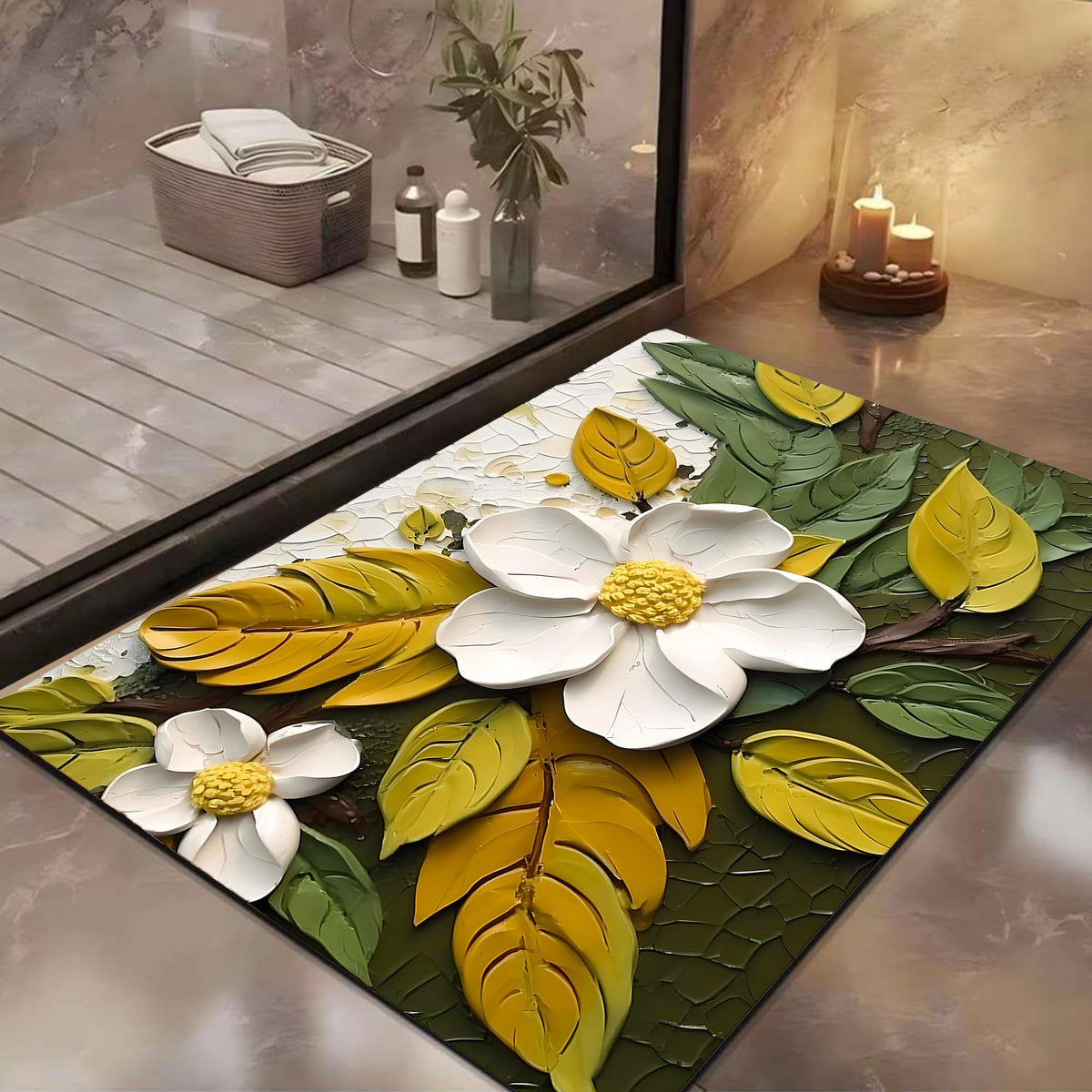 Yellow Weaves Rubber 3D Patterned Anti Slip Water Soaking Rectangular Floor Mat,Water Absorbent Non Slip Quick Dry Mat for Bathr
