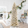 Glitzhome 9ft Pre-Lit Artificial Christmas Tree, Snowy Splendor Fir Hinged Holiday Christmas Tree Flocked Pencil Xmas Tree with 
