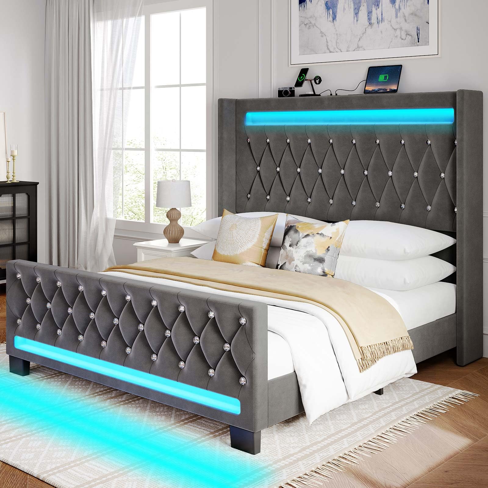 Rolanstar Full Bed Frame With Led Light And Charging Station, Upholstered High Headboard And Footboard, Wood Slats, Noise Free, Easy Assembly, Grey