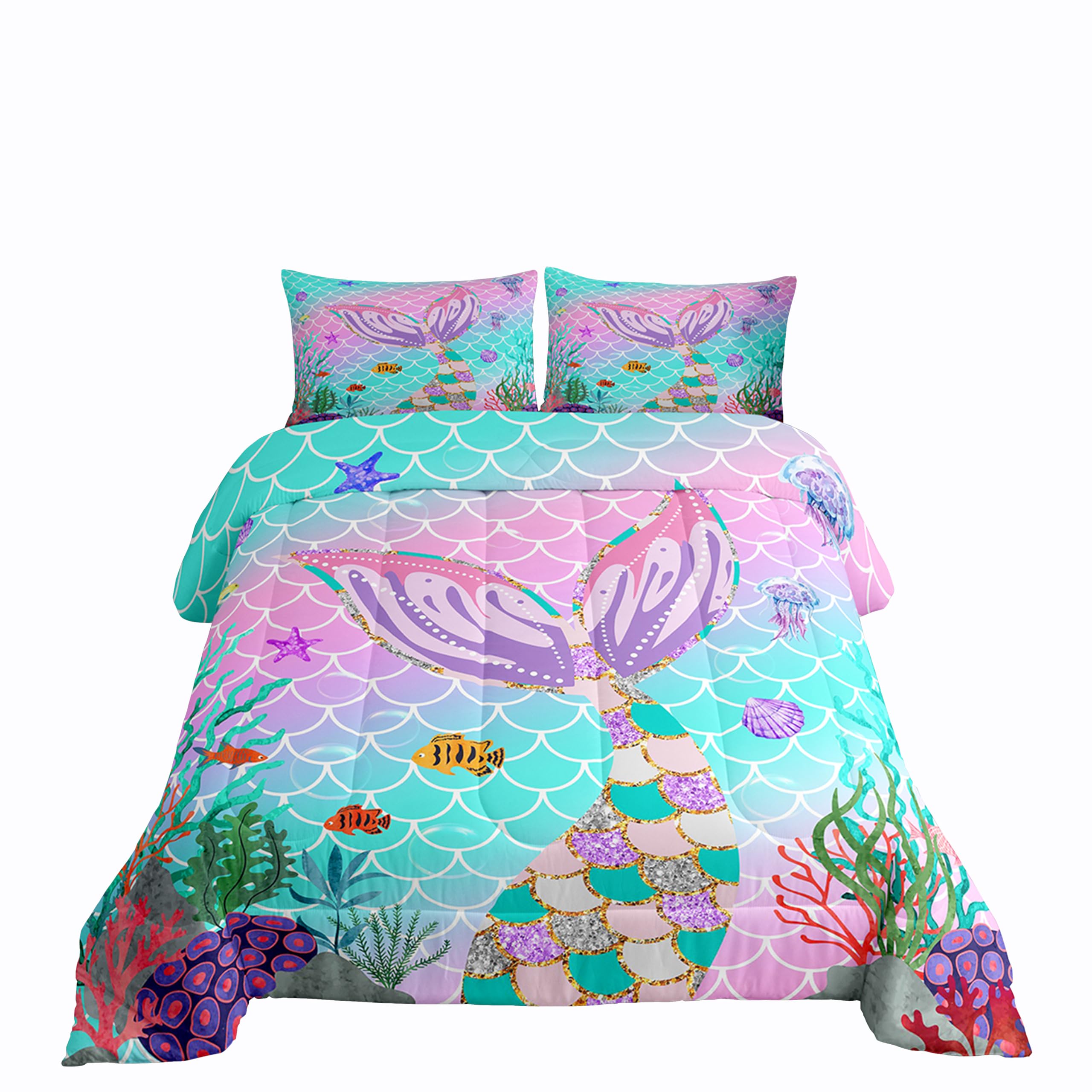 Erosebridal Mermaid Tail Comforter Set,Kids Fish Scales Down Comforter King,Girly Rainbow Bedding Set Ocean Life Sea Animal Quil