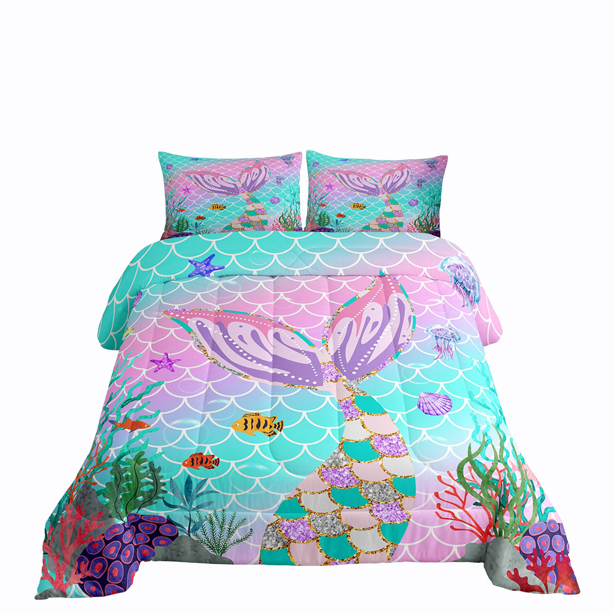 Erosebridal Mermaid Tail Comforter Set,Kids Fish Scales Down Comforter Queen,Girly Rainbow Bedding Set Ocean Life Sea Animal Duv