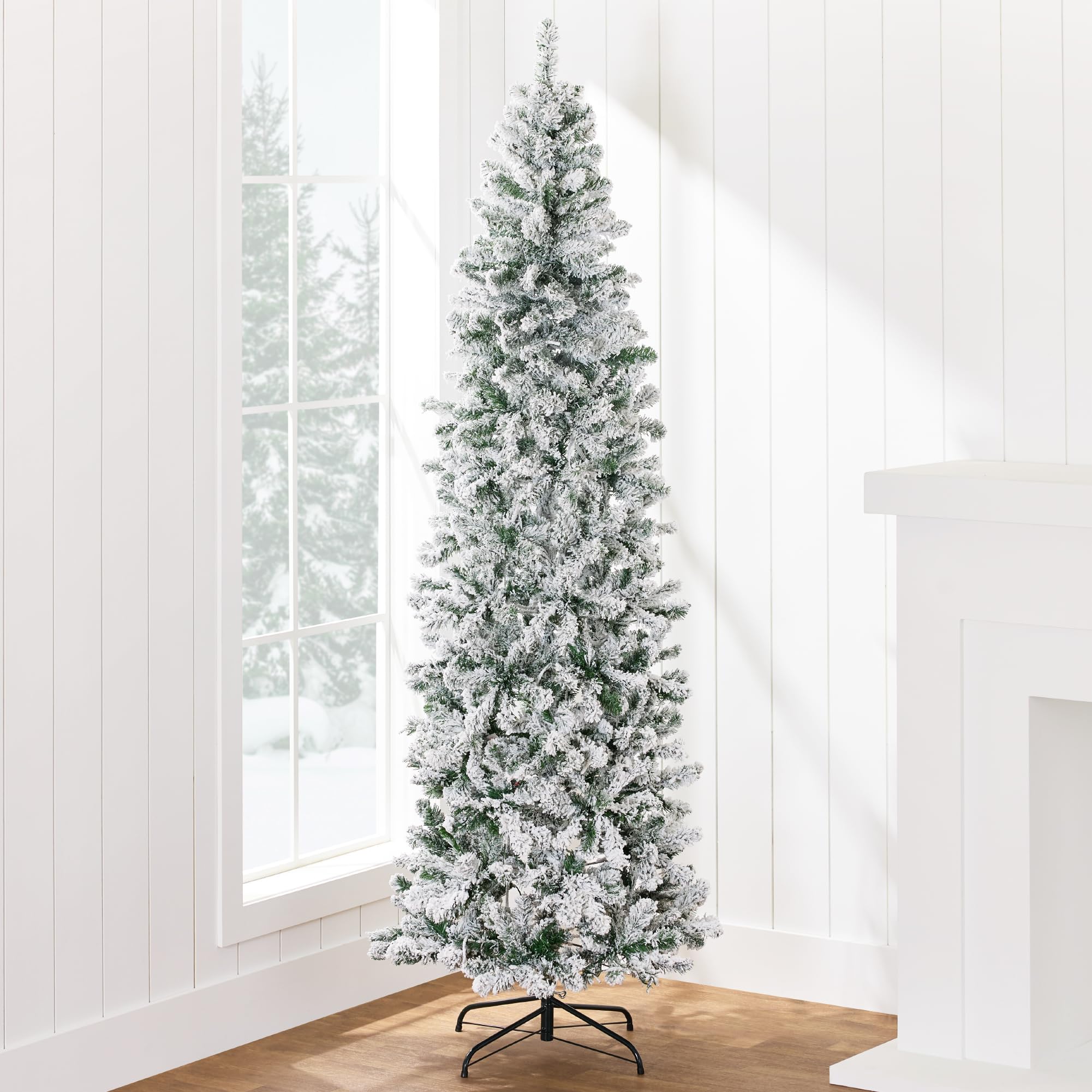 Best Choice Products Flocked Pencil Christmas Tree, Pre-Lit Slim Artificial Holiday Decoration, 6Ft Lighted Skinny Snowy Appeara