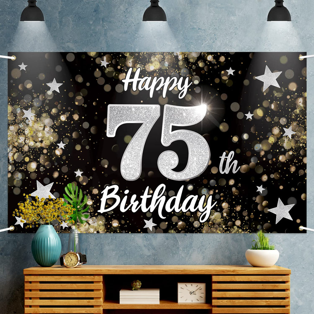 Nelbiirth Happy 75th Birthday Backdrop Banner, Black & Silver Dream Star Sign, 78" x 47", Polyester Oxford Fabric