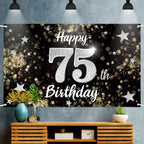 Nelbiirth Happy 75th Birthday Backdrop Banner, Black & Silver Dream Star Sign, 78" x 47", Polyester Oxford Fabric