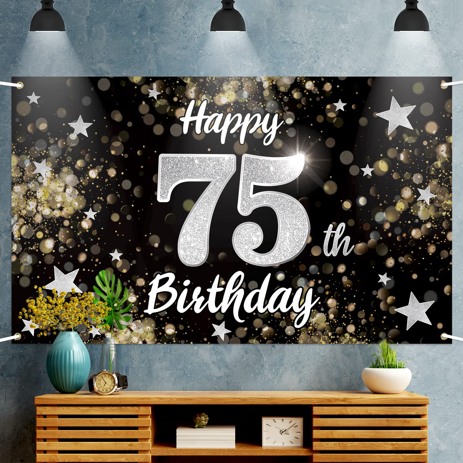 Nelbiirth Happy 75th Birthday Backdrop Banner, Black & Silver Dream Star Sign, 78" x 47", Polyester Oxford Fabric