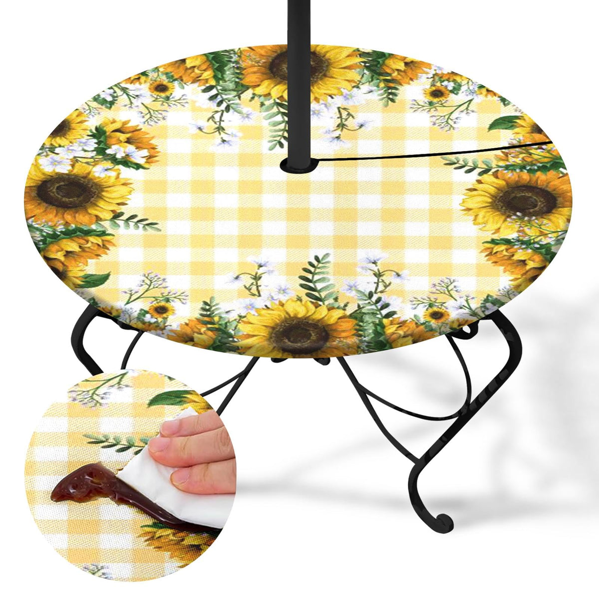 Britown Sunflower Round Outdoor Tablecloth With Umbrella Hole, Yellow Plaid Fitted Table Cover With Zipper, Outdoor Camping Esse